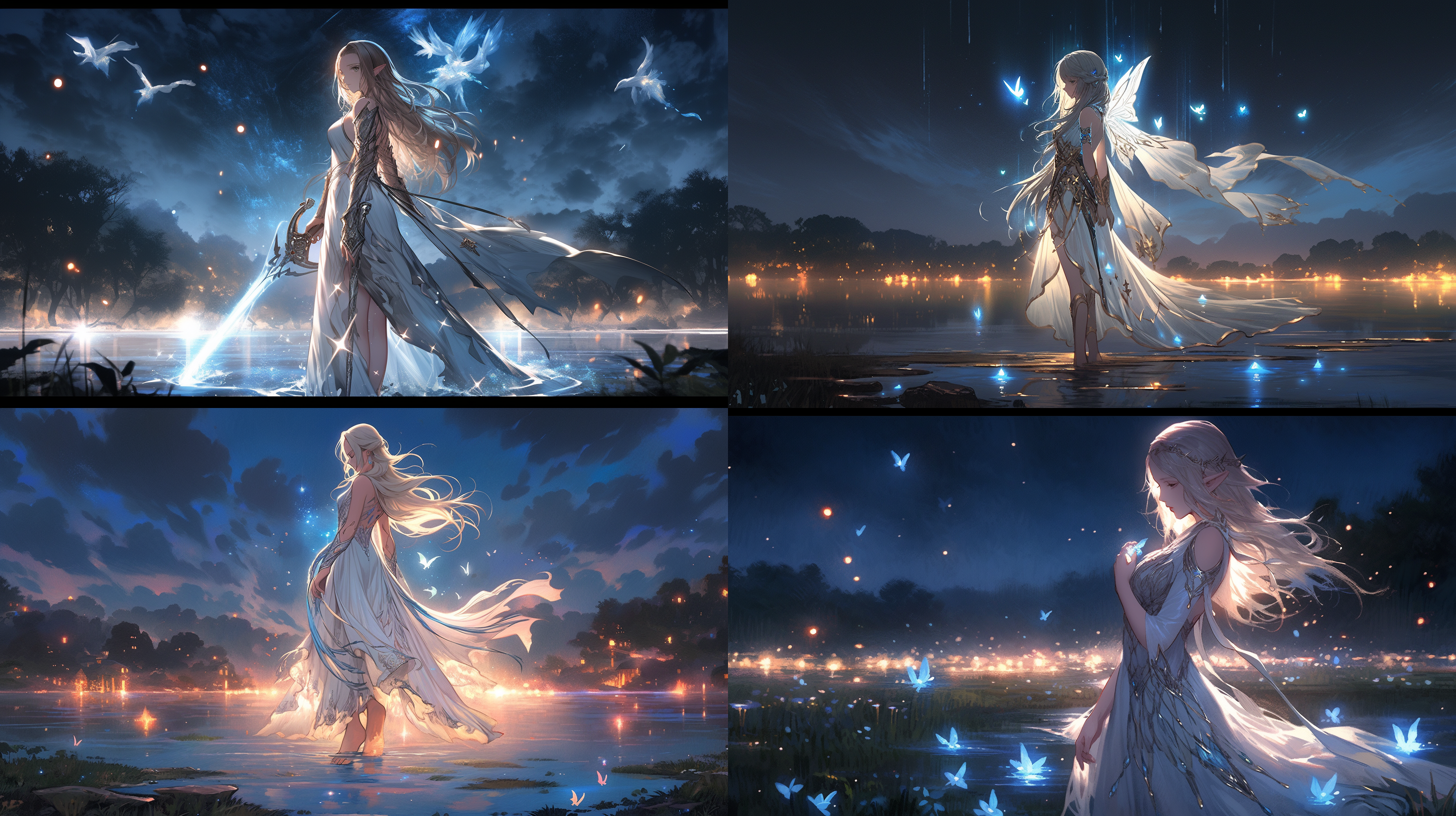 远景的图画，远处站立着一位精灵女孩，身体和背后由水元素所构成的翅膀。它在夜幕中莹莹发光，周围弥漫着星光和柔和的光芒，散发出丝丝芬芳的味道。脚底下，是一片美丽的草地，女孩双手握着长剑，眼睛看向远方，整幅画面营造出神秘而充满活力的氛围，充满了幻想和探索的空间。画面评级为杰作或大师之作，细节丰富，光影特效和精密的，光线追踪都极为逼真，使图像跃然于纸上。 