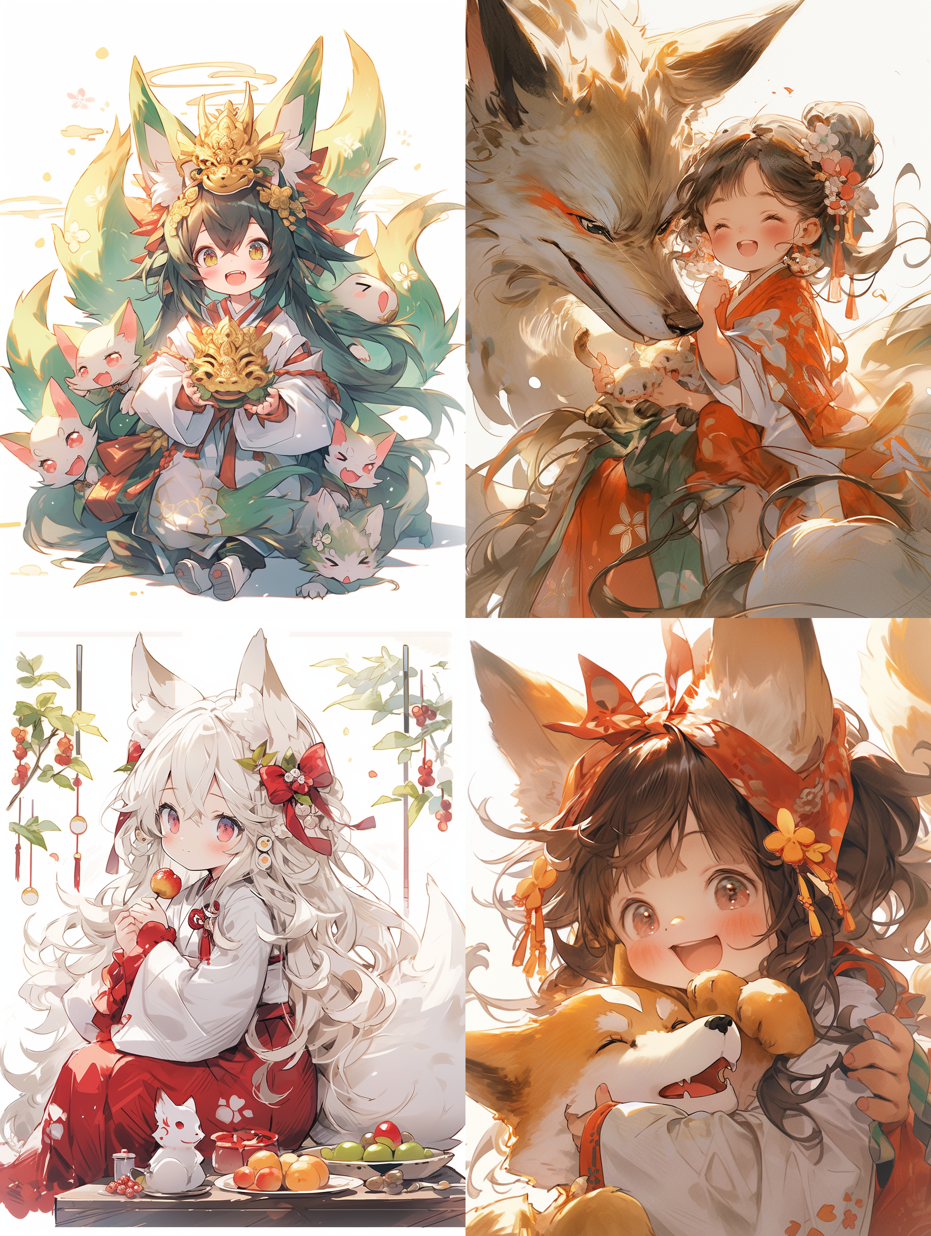 five years old，fox demon girl character illustration, fox demon, bent over, middle finger, cute girl, super invincible cute, exquisite earrings, exquisite headgear, wearing hanfu, yellow-green and red, meticulous painting, traditional chinese style, minimalism, classicism, smooth and smooth lines, simple white background, shiny, shiny, shiny and shiny, uhd, best image quality, best quality