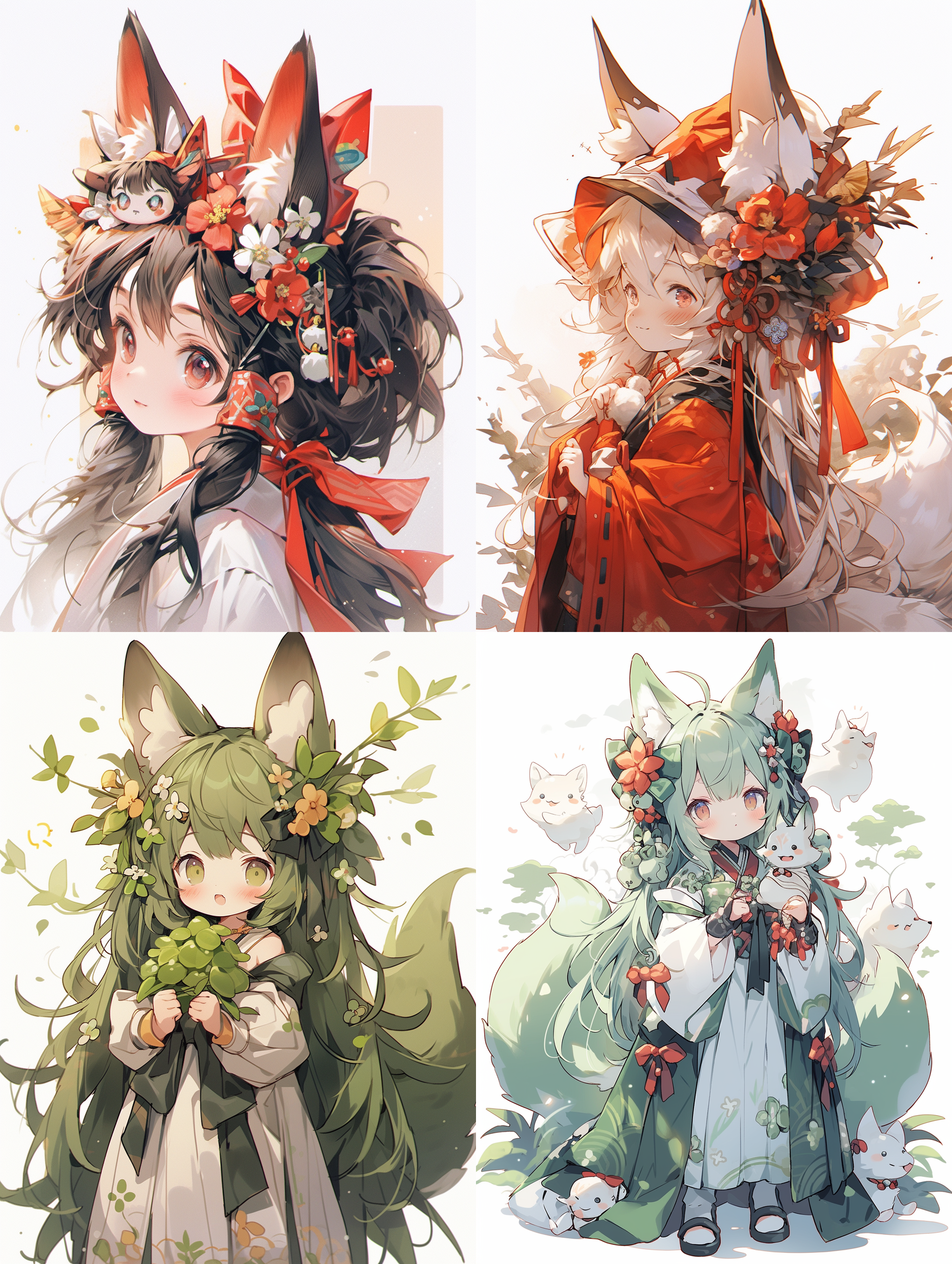 five years old，fox demon girl character illustration, fox demon, bent over, middle finger, cute girl, super invincible cute, exquisite earrings, exquisite headgear, wearing hanfu, yellow-green and red, meticulous painting, traditional chinese style, minimalism, classicism, smooth and smooth lines, simple white background, shiny, shiny, shiny and shiny, uhd, best image quality, best quality