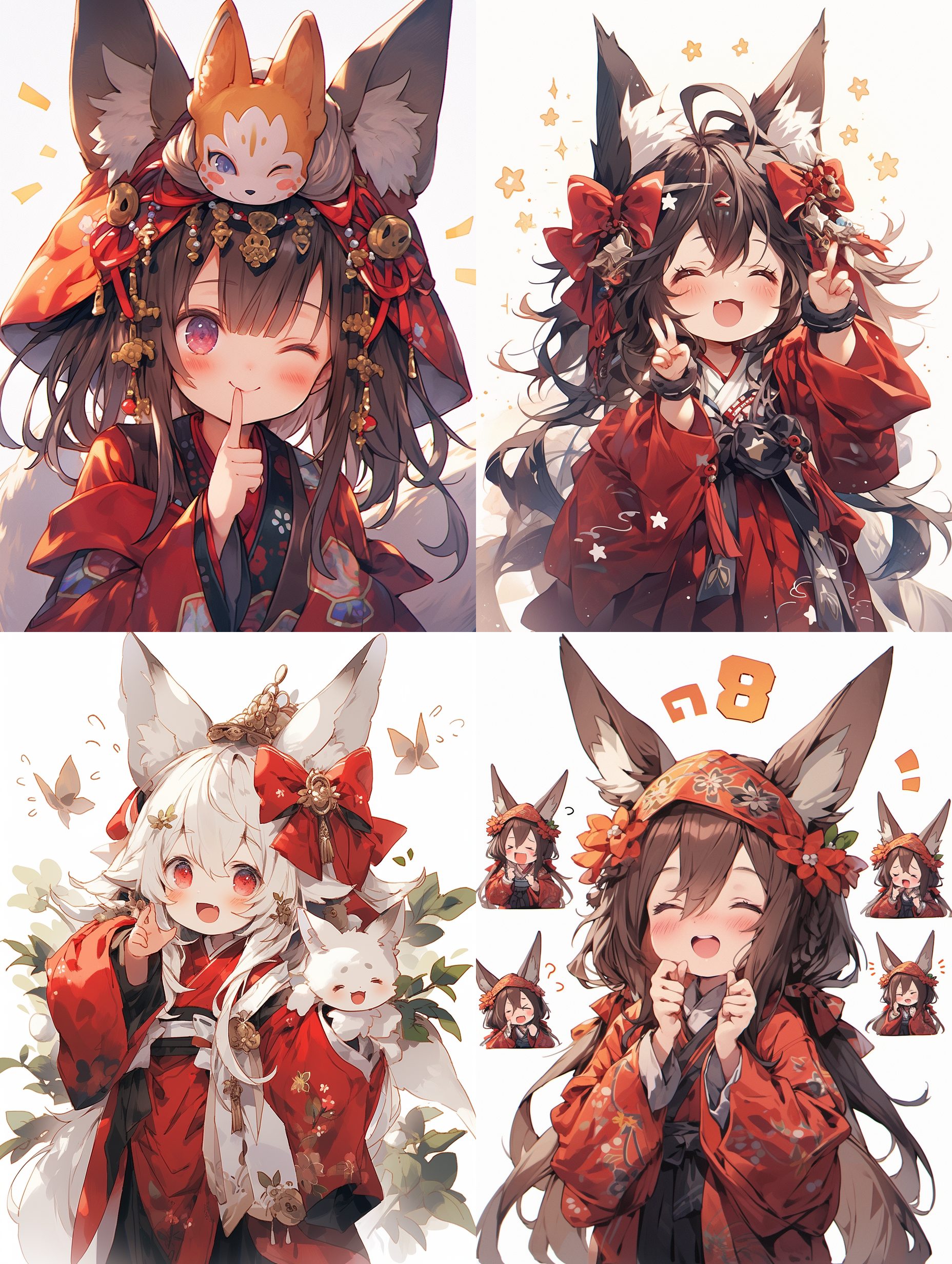 five years old，fox demon girl character illustration, fox demon, bent over, middle finger, cute girl, super invincible cute, exquisite earrings, exquisite headgear, wearing hanfu, red, meticulous painting, traditional chinese style, minimalism, classicism, smooth and smooth lines, simple white background, shiny, shiny, shiny and shiny, uhd, best image quality, best quality 