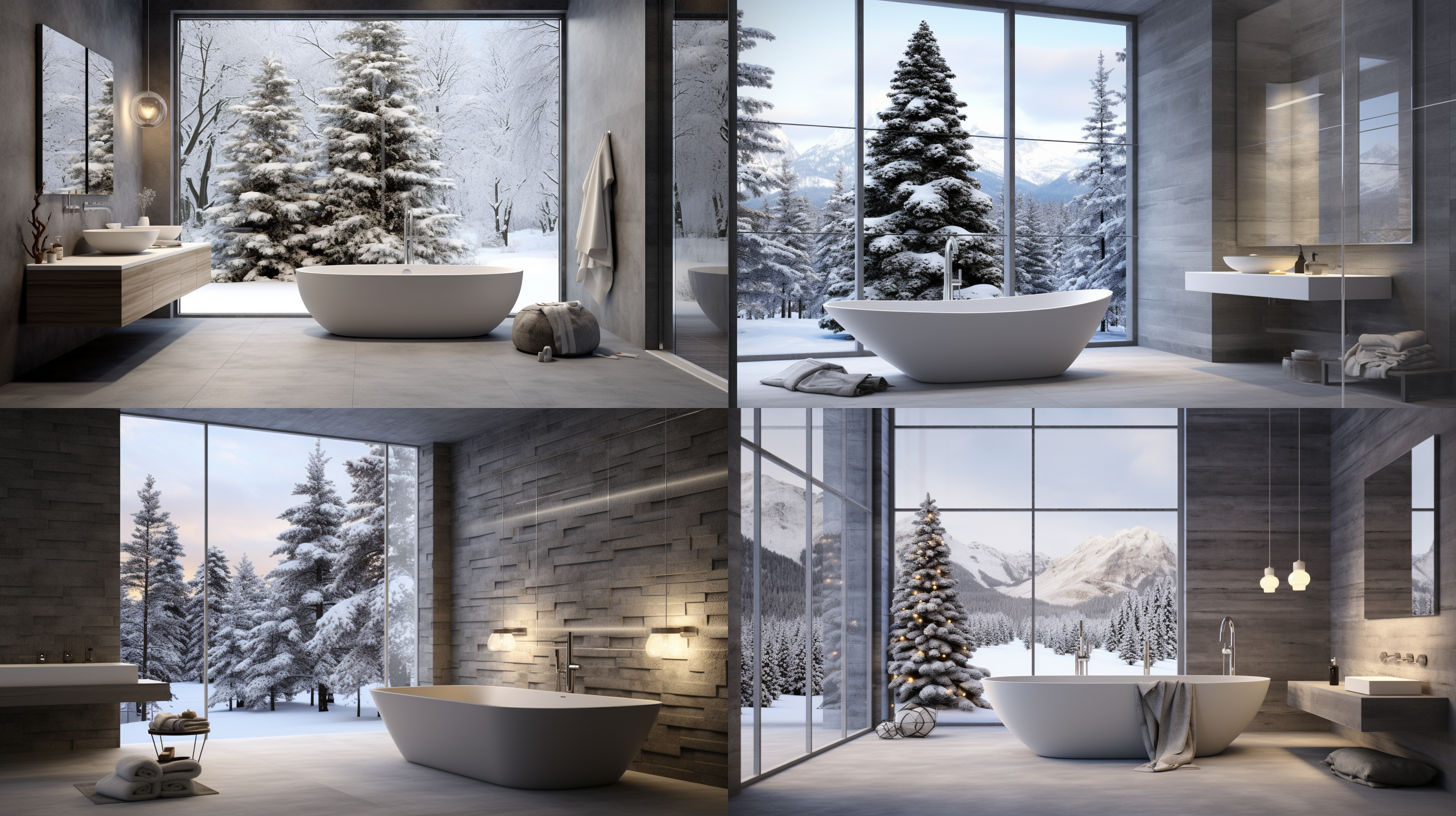 一张令人印象深刻的照片，展现了一个拥有浴室大面积落地窗的房间。里面有一睹灰色精致质感的大理石墙面，安装有淋浴花洒套装，浴缸里有热气腾腾的热水，有一颗圣诞树，圣诞节氛围。窗外是冰天雪地和树林。照片以简约风格呈现，明亮的光线透过窗户照射进来。通过广角镜头捕捉到房间内部的空旷感，色彩鲜明的元素与自然景观相得益彰，营造出宁静和平静的氛围。 超高分辨率 大海 天空 白天 树林 超高分辨率 大海 天空 白天 树林，逼真，