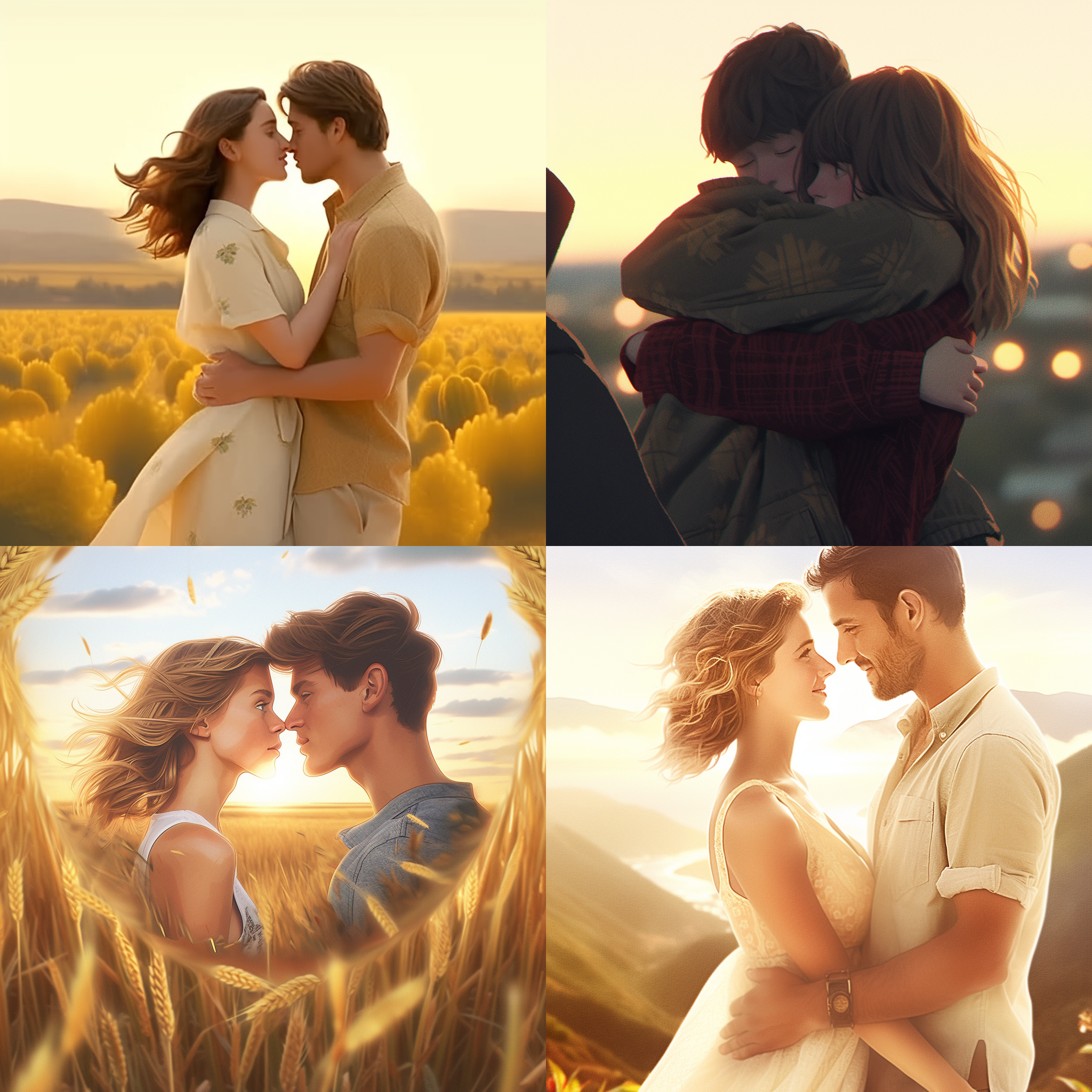 热恋的甜蜜，两个相互拥抱。远处是金色的日落，天空中飘着几朵白云。他们笑着，眼神中透露着温柔和幸福。使用胶片摄影效果，柔和的色彩调整，迷离的背景虚化，浪漫的氛围，轻柔的光线，亲吻，温暖。厚涂风格