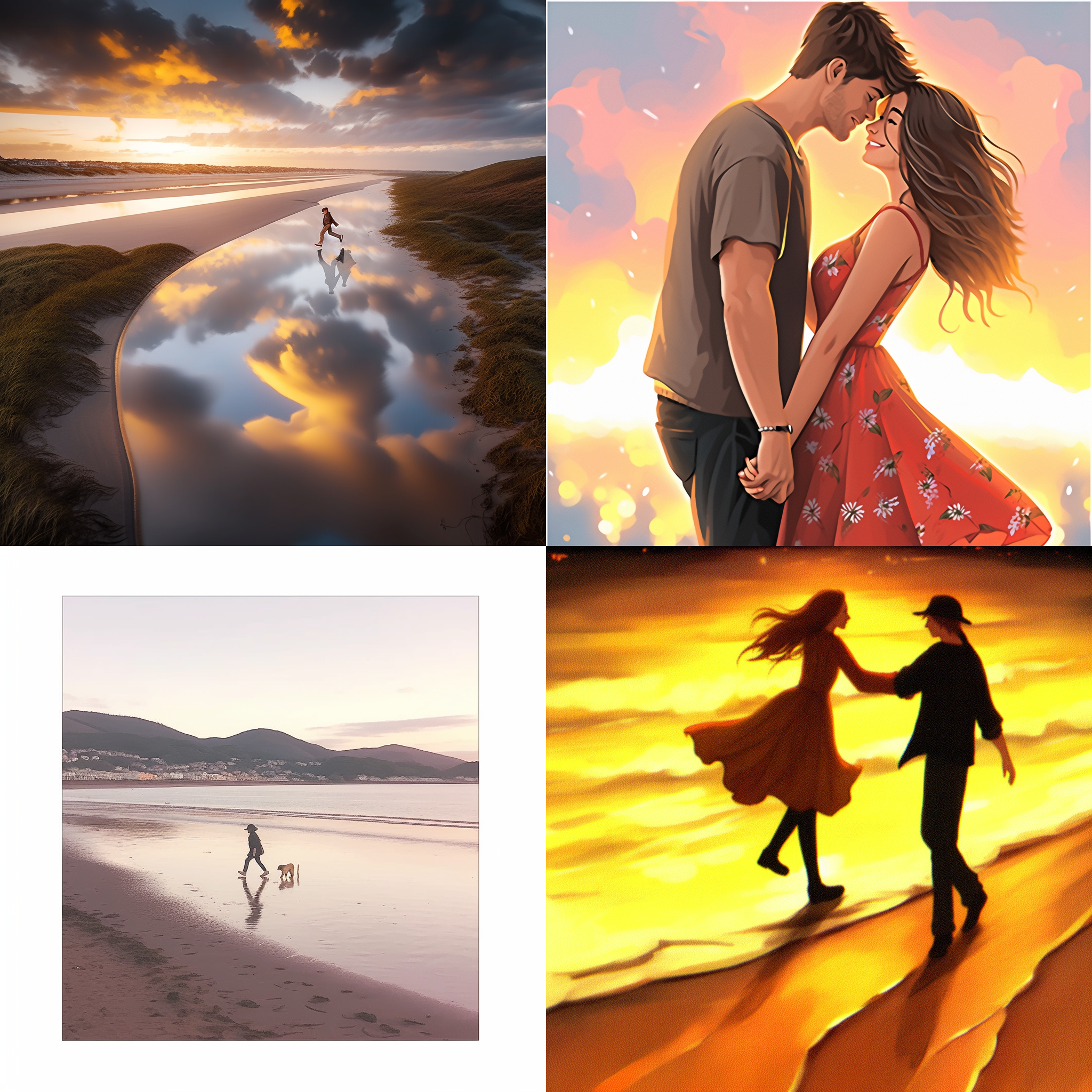 初恋的甜蜜，两个人手牵手在沙滩上漫步。远处是金色的日落，天空中飘着几朵白云。他们笑着，眼神中透露着温柔和幸福。使用胶片摄影效果，柔和的色彩调整，迷离的背景虚化，浪漫的氛围，轻柔的光线，亲吻，温暖。