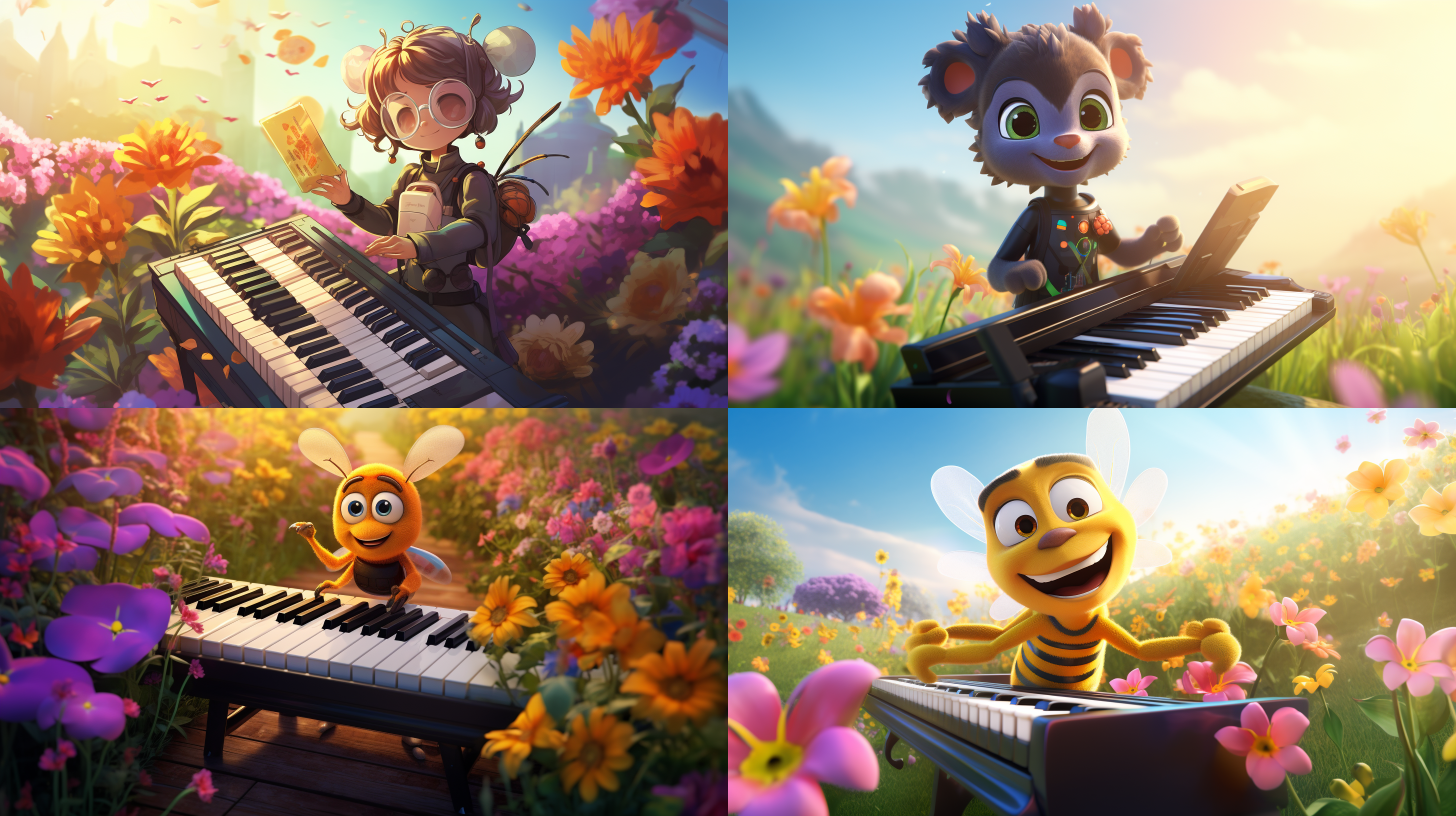 手拿键盘的卡通人形蜜蜂，站在鲜艳的夏日花海中。背景是绚丽多彩的花朵和绿叶，构图对称平衡，光线柔和明亮。蜜蜂抬头微笑，眼神灵动，透露着活力和创造力。键盘上的按键被轻轻触摸，展现出高科技与自然的完美融合。欢快的色彩和愉悦的情绪跃然画面之中，给人带来轻松快乐的感觉。