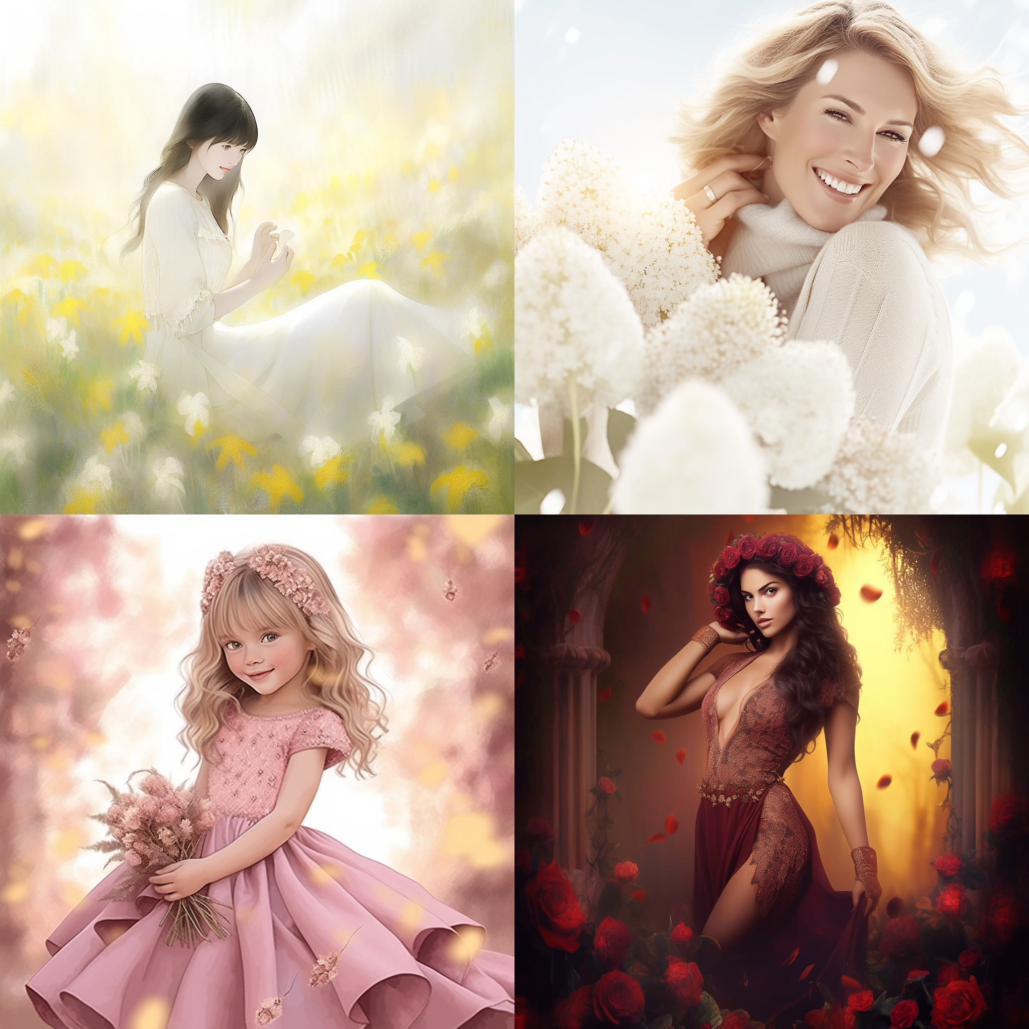 女孩羞涩地双手捧着花朵，送到正面。她站在一片开满鲜花的花海中，阳光透过树叶洒在她身上，照亮她害羞的笑容。构图以女孩为中心，背景模糊，突出主题。画面明亮温暖，色彩柔和，表达着纯真和浪漫