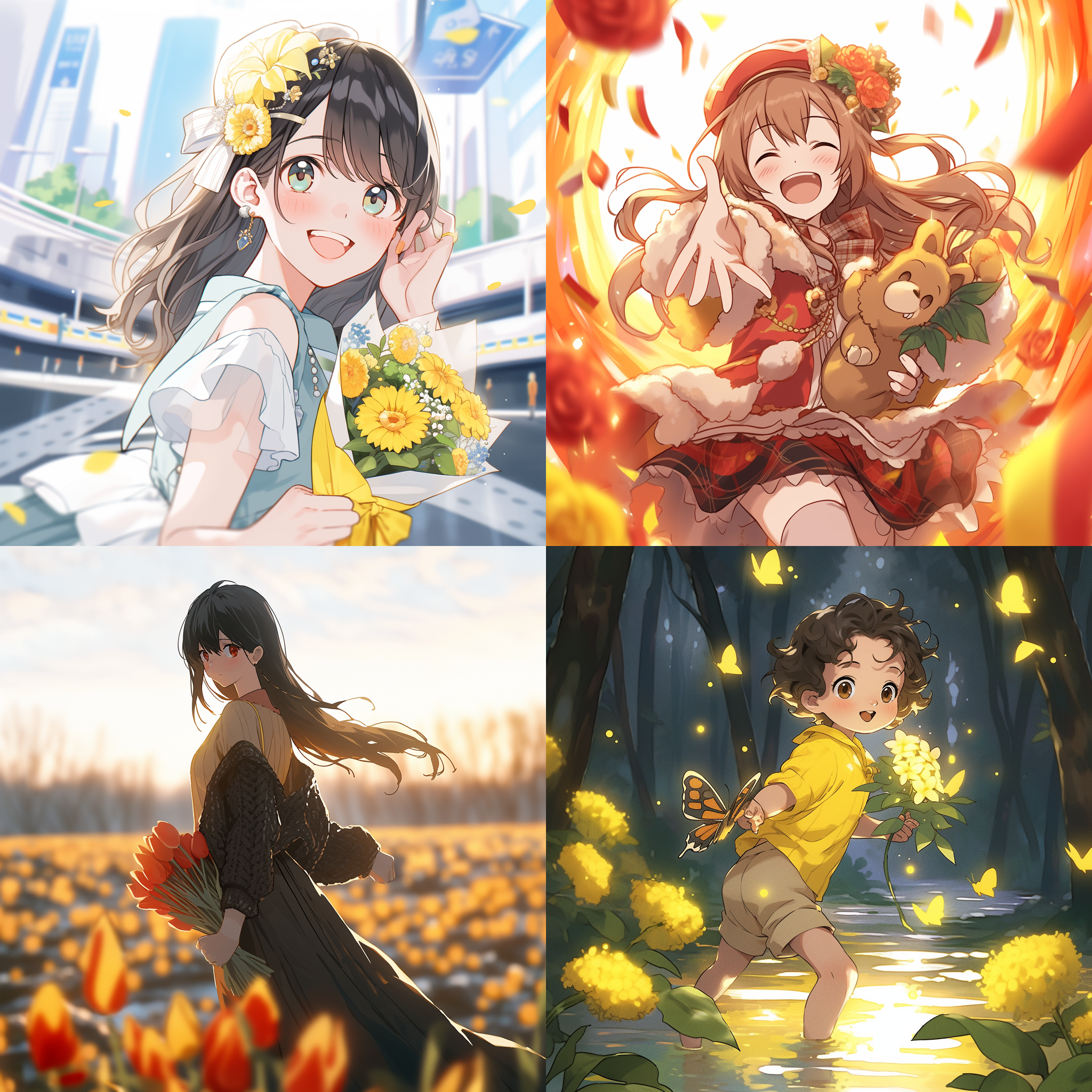 动漫女孩羞涩地双手捧着花朵，送到正面。她站在一片开满鲜花的花海中，阳光透过树叶洒在她身上，照亮她害羞的笑容。构图以女孩为中心，背景模糊，突出主题。画面明亮温暖，色彩柔和，表达着纯真和浪漫