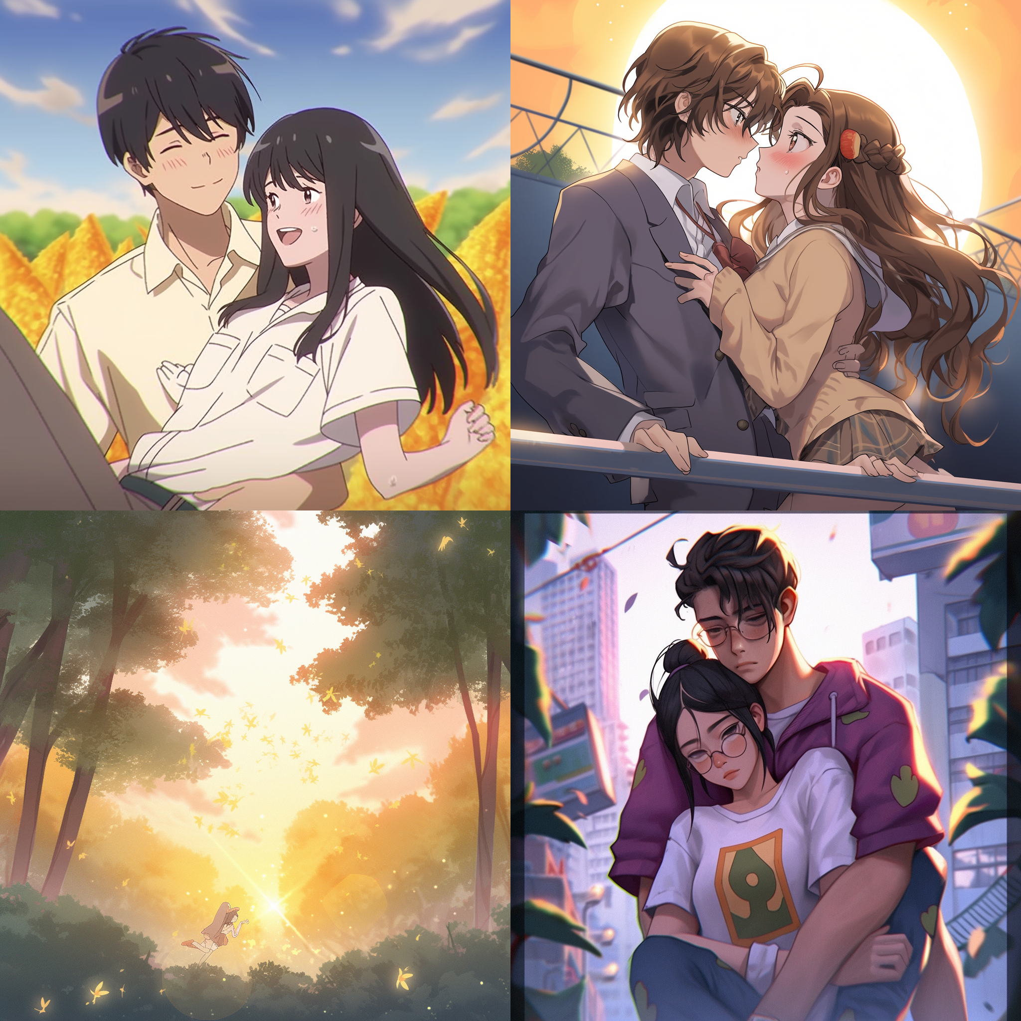 热恋的甜蜜，两个相互拥抱。远处是金色的日落，天空中飘着几朵白云。他们笑着，眼神中透露着温柔和幸福。使用胶片摄影效果，柔和的色彩调整，迷离的背景虚化，浪漫的氛围，轻柔的光线，亲吻，温暖。漫画风格