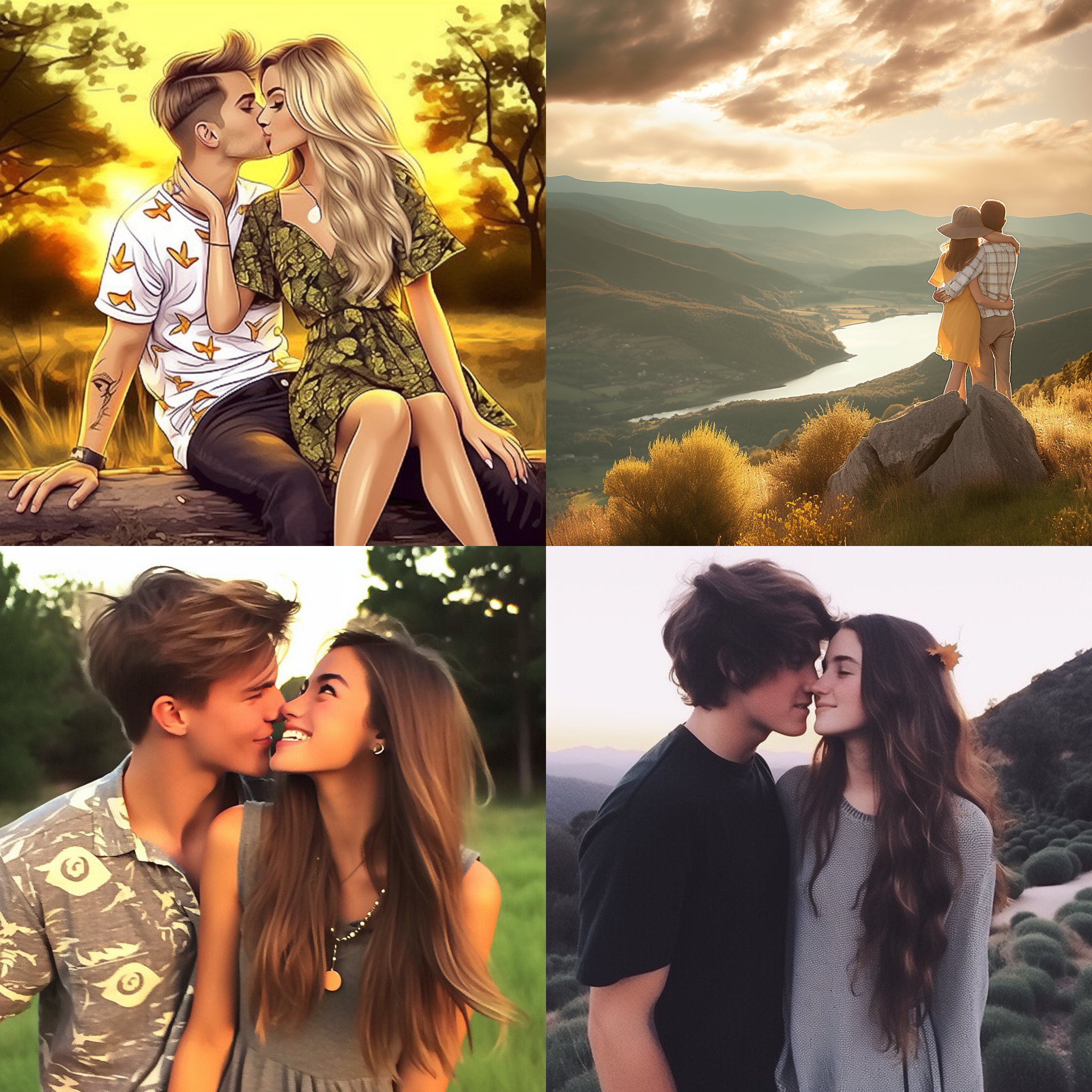 热恋的甜蜜，两个相互拥抱。远处是金色的日落，天空中飘着几朵白云。他们笑着，眼神中透露着温柔和幸福。使用胶片摄影效果，柔和的色彩调整，迷离的背景虚化，浪漫的氛围，轻柔的光线，亲吻，温暖。