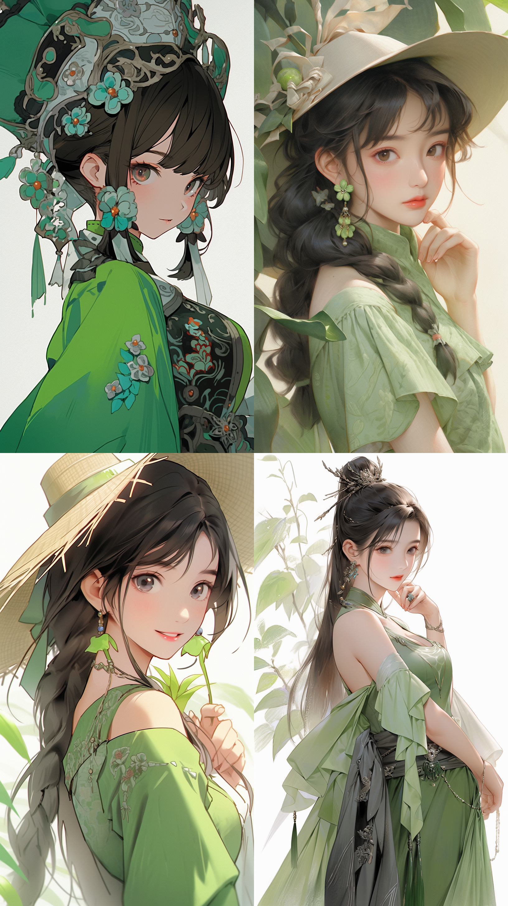 a woman with a green dress and a hat on her head and a green dress on her body and a green dress on her shoulder, cute, a character portrait, ai xuan, cloisonnism