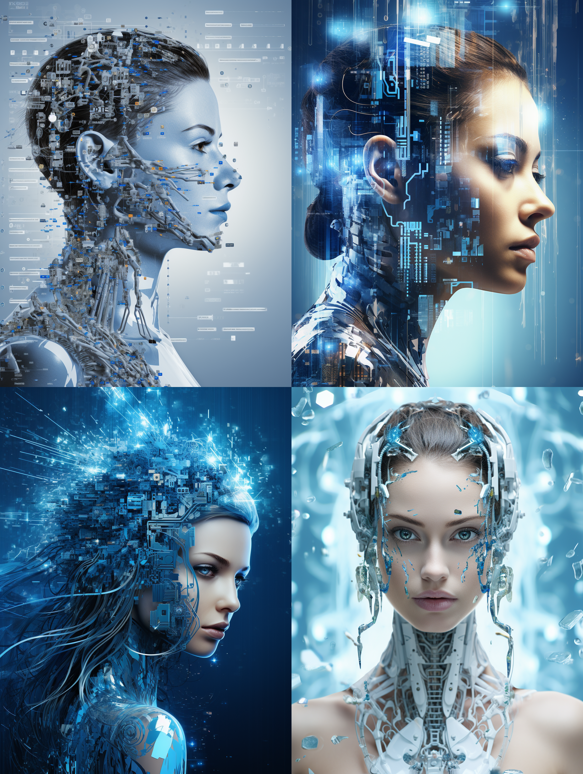 生成一个以ai科技为代表的形象，无场景,全身正面呈现,画面体现ai智能机器人，智能芯片电路，大数据运算，ai科技与城市和乡村的应用特征等科技元素，使用科技蓝为主色调，体现强烈的科技感和未来感，顶级的画质，现代风的广告设计，体现科技美学，艺术美学，唯美，色彩饱和层次丰富，画面细节丰富