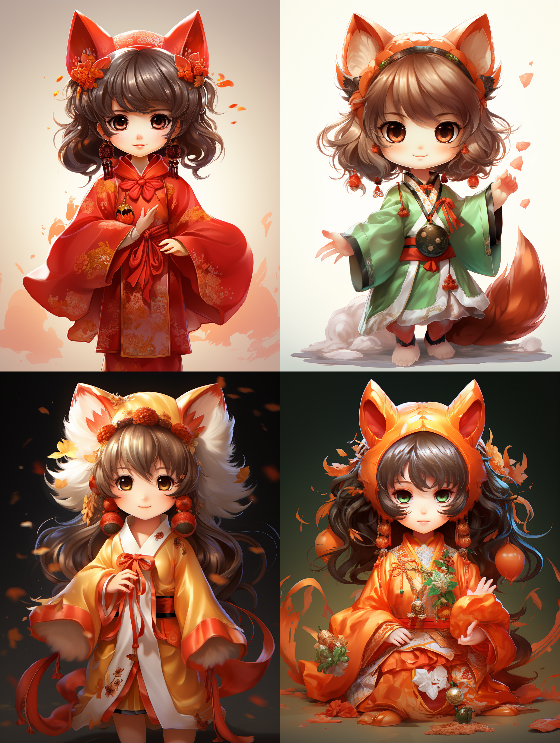 five years old，fox demon girl character illustration, fox demon, bent over, middle finger, cute girl, super invincible cute, exquisite earrings, exquisite headgear, wearing hanfu, yellow-green and red, meticulous painting, traditional chinese style, minimalism, classicism, smooth and smooth lines, simple white background, shiny, shiny, shiny and shiny, uhd, best image quality, best quality