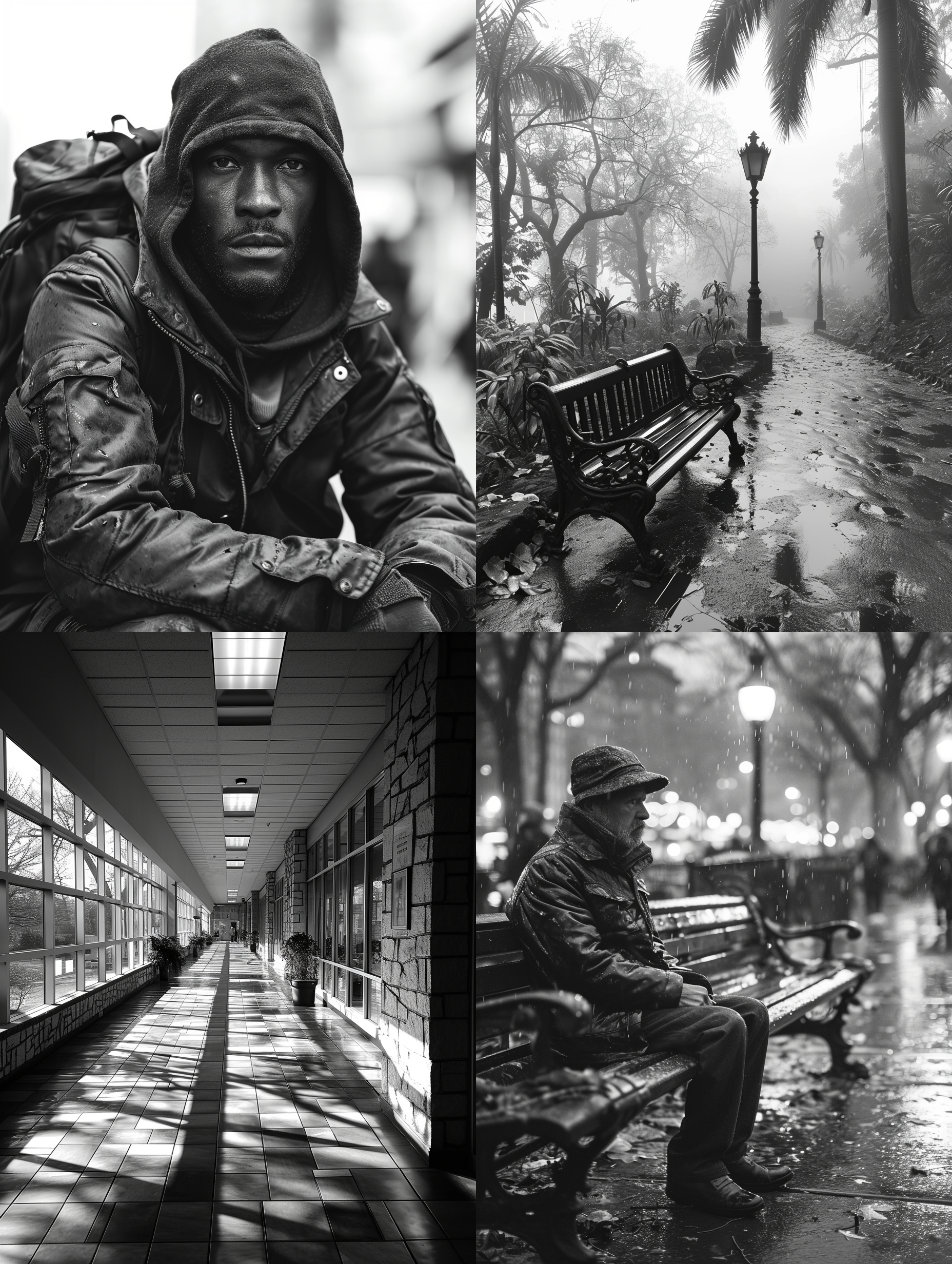 校园霸凌，受害者与施暴者冷漠相对，构图对称平衡，黑白风格，校园环境，长焦镜头，自然光，静态，无动作，冷色调，悲伤。