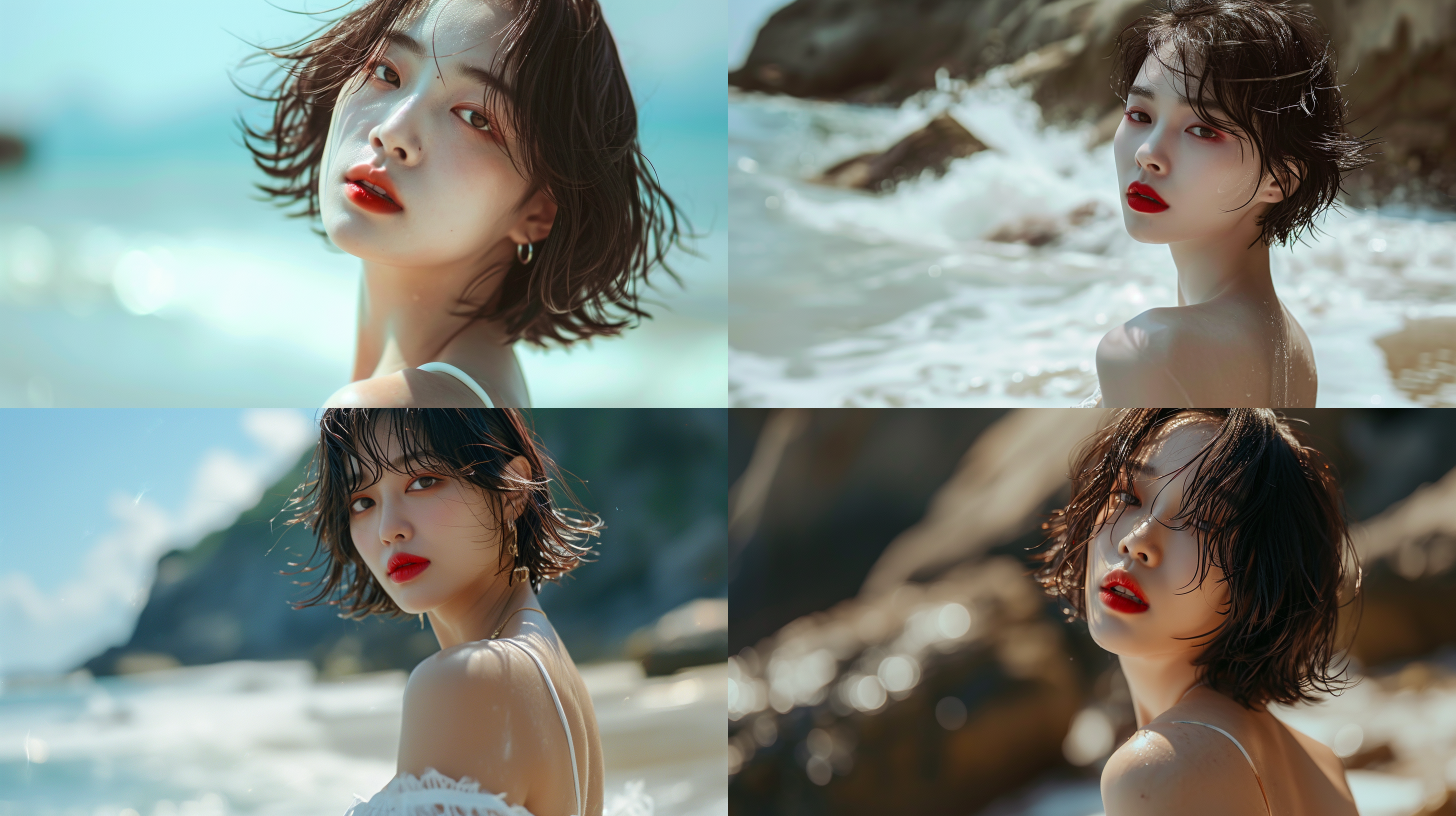 海边，真实场景，韩国美女，红唇，短发飘飘，妆容精致，白色比基尼，全身画面