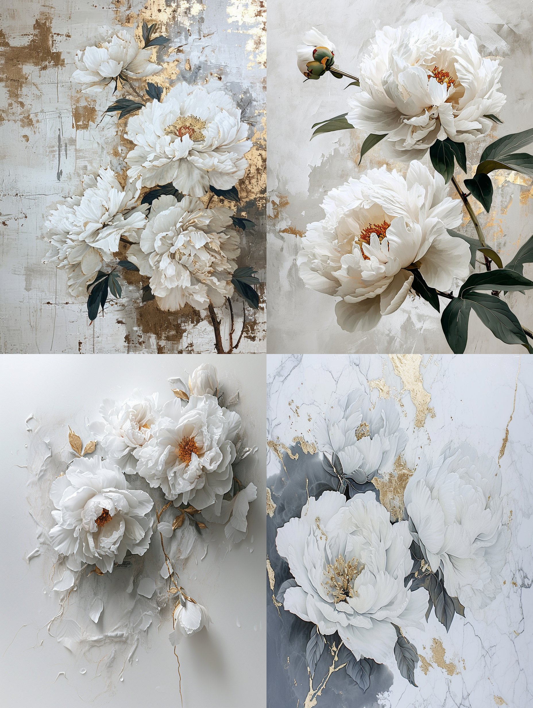极简构图，禅意，空灵，大面积留白，白色芍药花，宋徽宗，宋代美学，光泽感，刺绣纹理，精致细腻，冰裂纹，白色，浅灰色，法兰色，金色点缀，令人惊讶的细节，中式审美，中式极简主义，几何构成，平面构成，