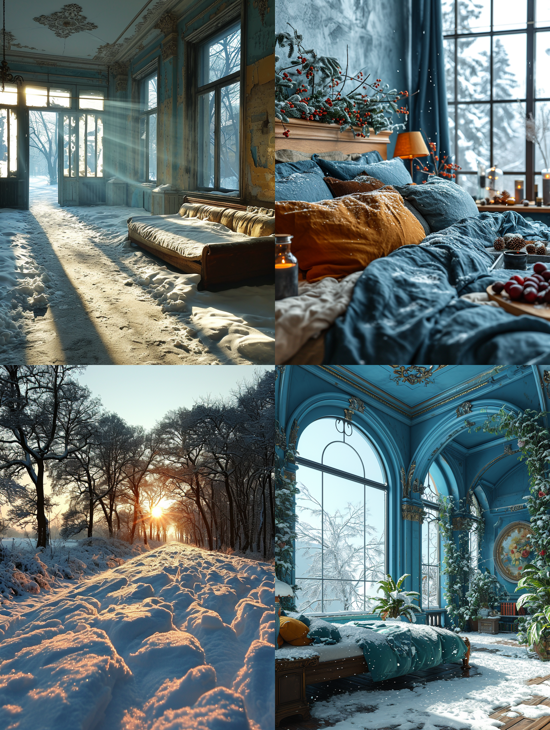 冰天雪地，一张舒适的床被覆盖着鹅毛大雪。画面采用对角线布局，利用广角镜头展现宽广的雪地景色。光线柔和而明亮，给人温暖的感觉。床上铺着厚厚的被子，白色的鹅绒与纯净的雪地相映成趣。整个场景充满了安逸和宁静的氛围。