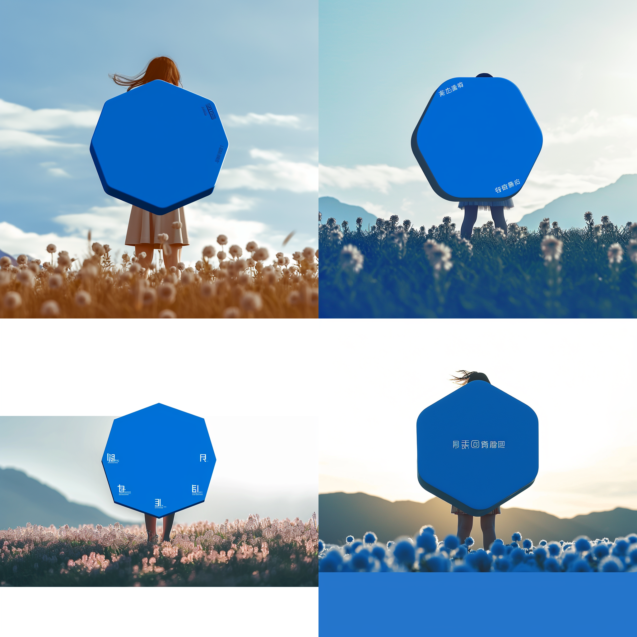 女孩穿着裙子，低角度拍摄。她站在一片开满鲜花的花田中，阳光透过云层洒在她身上，照亮了她的笑容。背景是一片壮丽的山脉，给人一种宁静和宏伟的感觉。风吹动她的长发，展现出她自信和自由的态度。女孩的表情充满了喜悦和活力。夕阳的余晖给整个画面增添了温暖的色彩。女孩与大自然的融合传达出力量和美丽。闪亮，自由，自信，活力，自然，温暖。