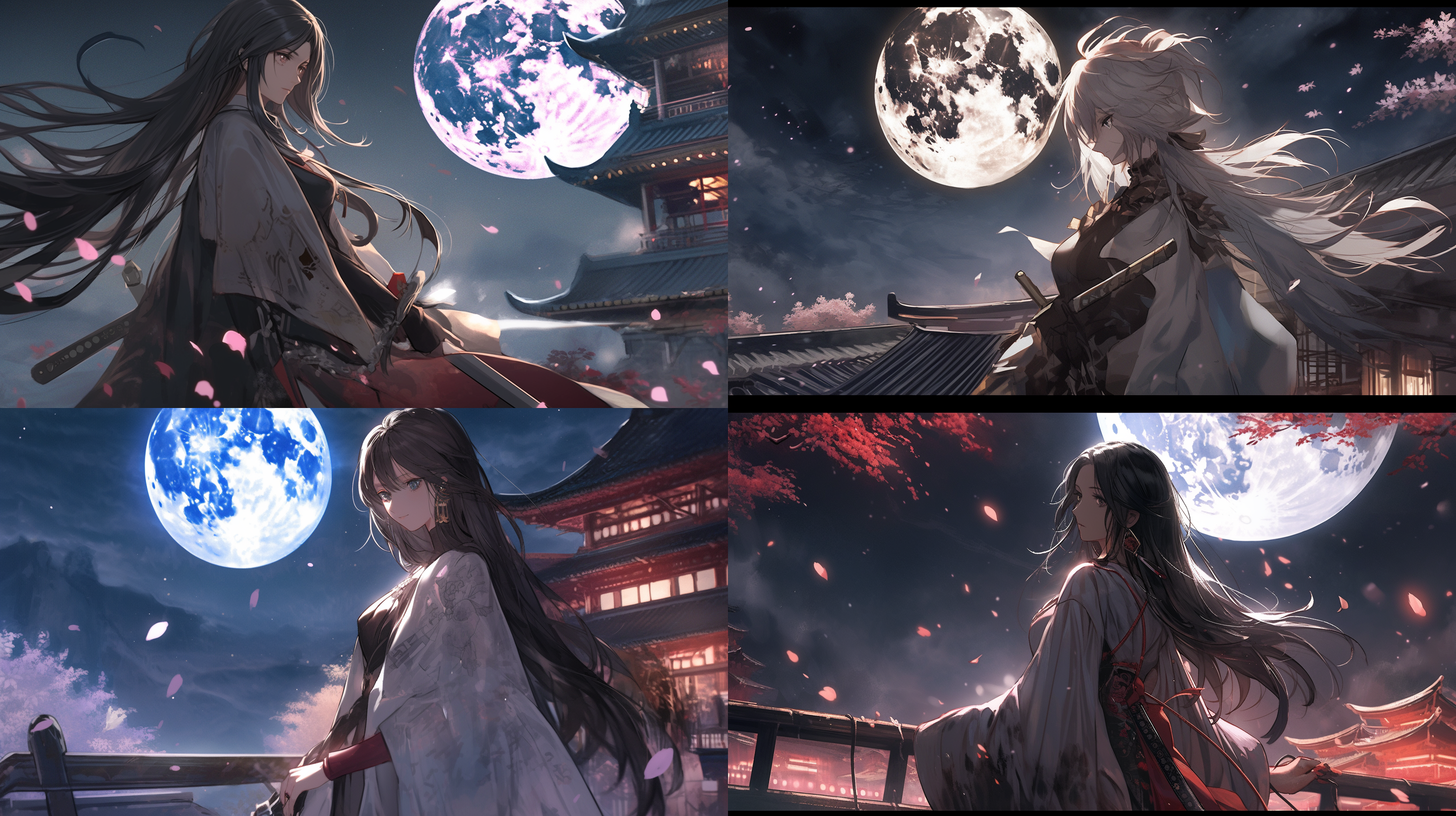 这是一张远景的画面，夜色中，一位身穿古代流浪剑客服装的女子笔直的站立于房顶之上，她的一只手握住腰间的佩刀，背后巨大的满月映衬出她绝美的容颜，另一只一手轻抚着发丝，月光映照出她俏丽挺拔的身形与一抹浅浅的微笑，周围樱花花瓣四散飞舞，她亭亭玉立，有着19岁少女的s型曲线，纤细腰肢没有一丝的赘肉，她凹凸有致且匀称的身材，头顶的斗笠下的长发丝丝飞舞，她的双腿并拢并屹立在屋顶之上，腰优美而纤细，穿着朴素却不失华美的古代剑客服装，她双眼微闭，身姿美轮美奂，长发飘散在风中，她双眸明亮，身材丰满，她双眼深邃的望向天空的明月，似如沉思，那一抹淡淡的悲伤浮现在她精致的俏脸上，周围绚丽的光影和效果将这个场景完美呈现，妩媚的飘逸发丝和精致的五官刻画加上精湛的细节展现出这幅绝美画作的细腻，长发和精致的眼睛，超现实的背景中，光影特效和细腻渲染的细节都能一一展现出来，在空气中留下美妙的音符，粗眉毛和刘海背更加突显她的性感和自信。整个画面呈现出绚丽迷人的光影效果，细节刻画以及杰作的水准，是一张4k品质的插画，欣赏者仿佛能感受到她的热情， 