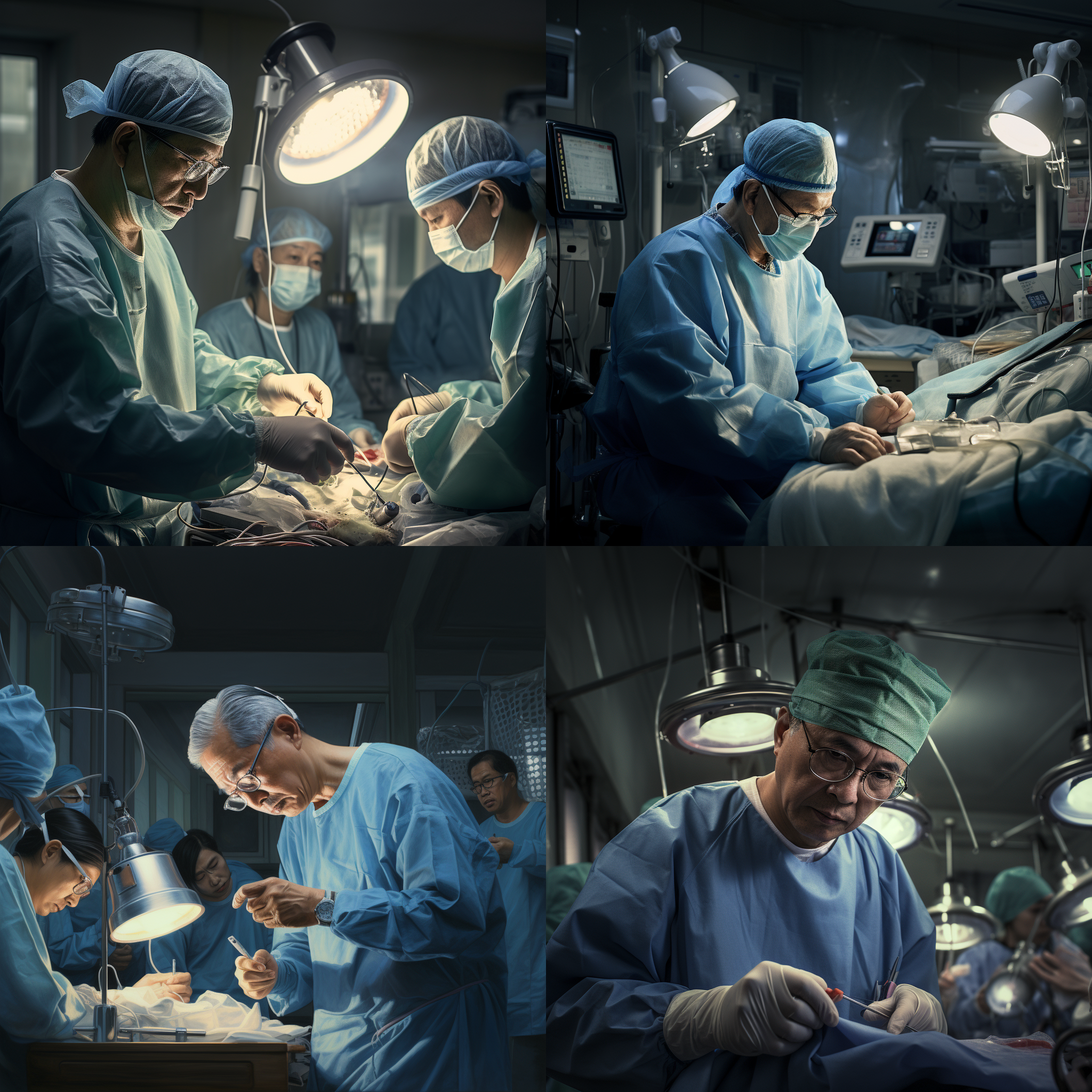 中国58岁医生在做手术，室内光，手术室灯，无影灯，戴眼镜，认真，手术室设备，广角镜头，有助手