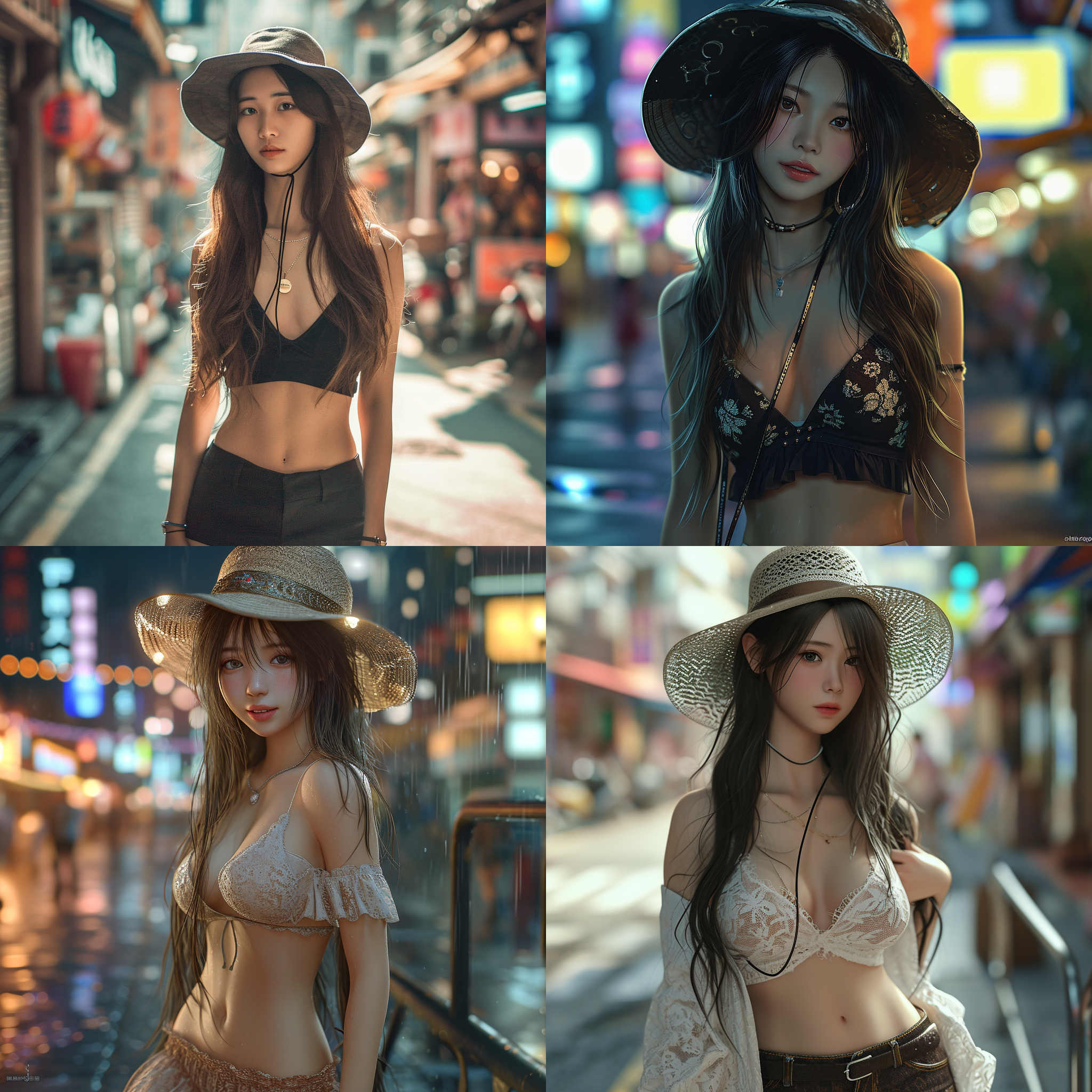 亚洲女孩站在城市街头，长发披肩，戴着一顶时尚帽子。她穿着深v短裙和高跟鞋，展现出她修长的双腿。照片采用超高分辨率，呈现出真实的写实风格。镜头捕捉到她优美的身姿，展示了她饱满高挑的身材。整体画面色彩鲜艳，给人一种活力四溢的感觉。