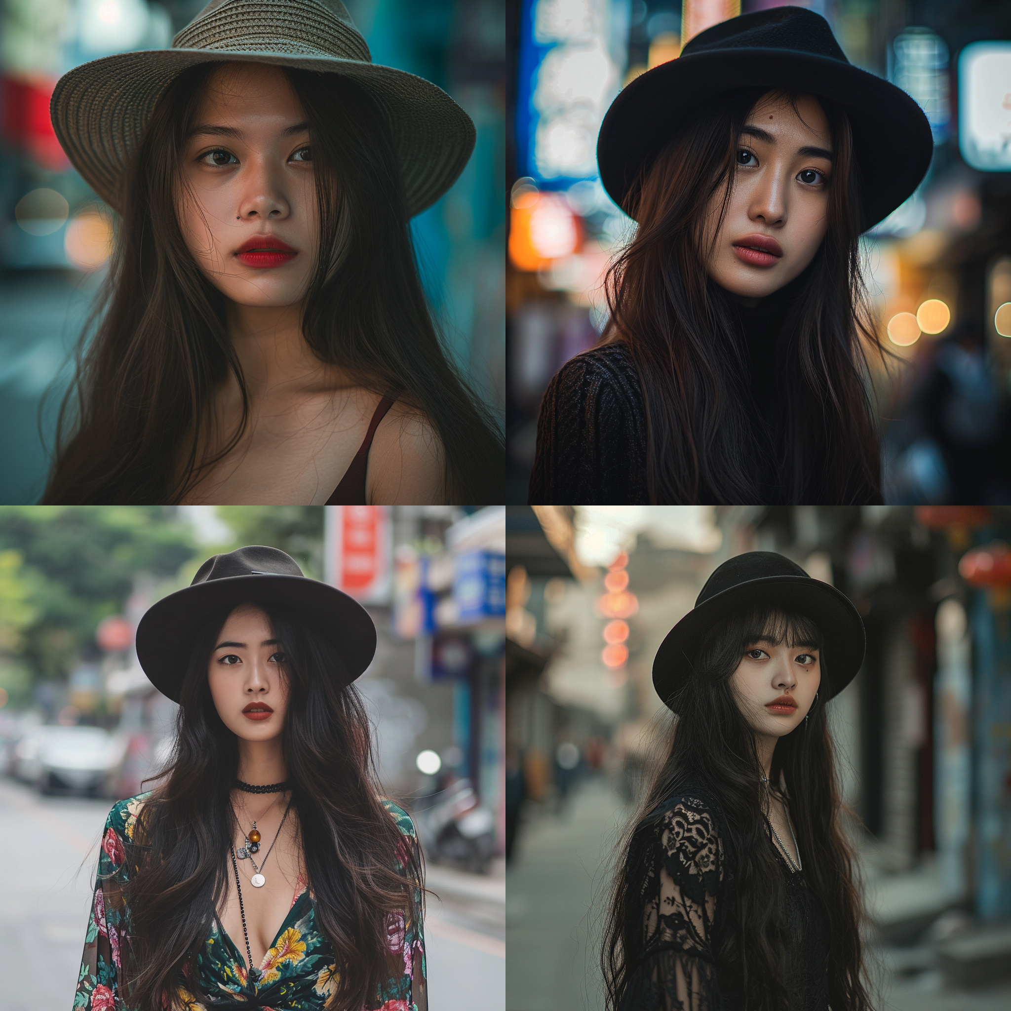 亚洲女孩站在城市街头，长发披肩，戴着一顶时尚帽子。深v，人体艺术，近景