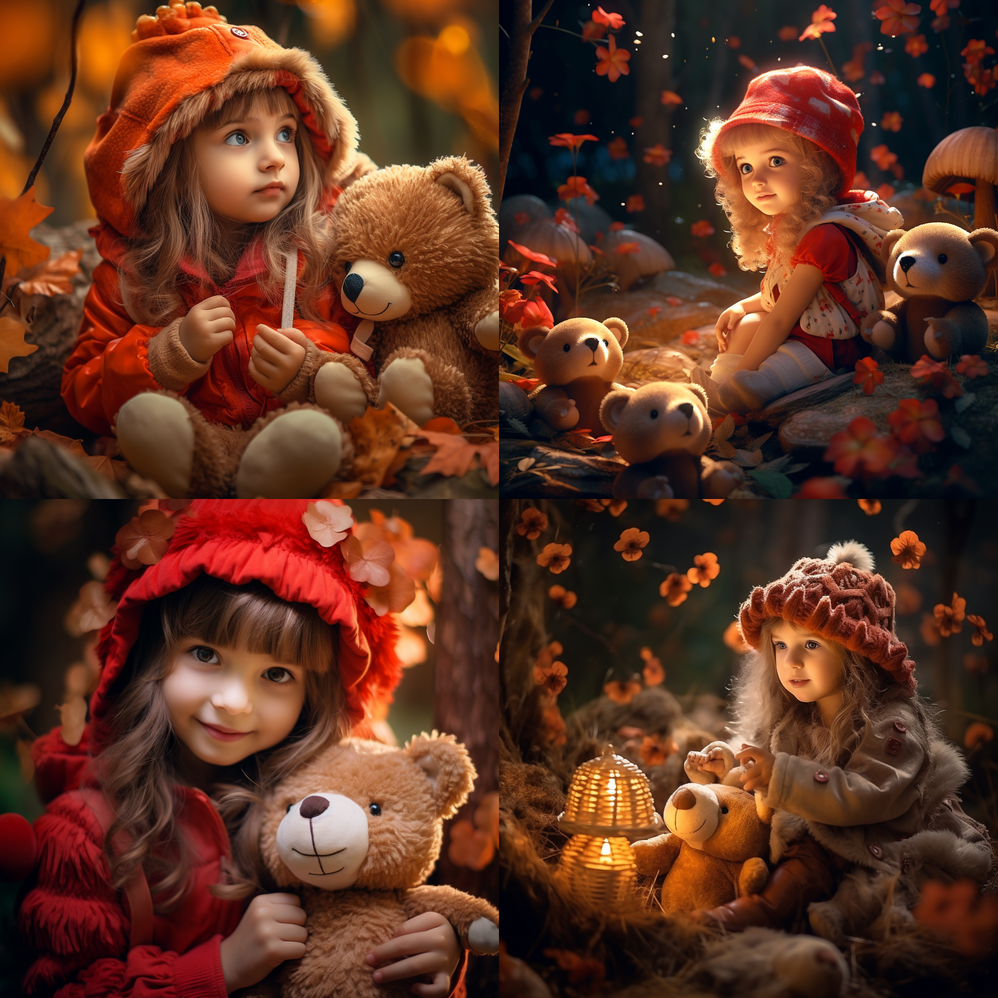 童话森林，小女孩蘑菇玩具熊。广角镜头，对角线布局，柔和光线，鲜艳色彩，梦幻风格，温暖情感，亲密互动，快门准确，活泼欢快，童真天真，自然表情，快乐氛围，友谊与冒险。