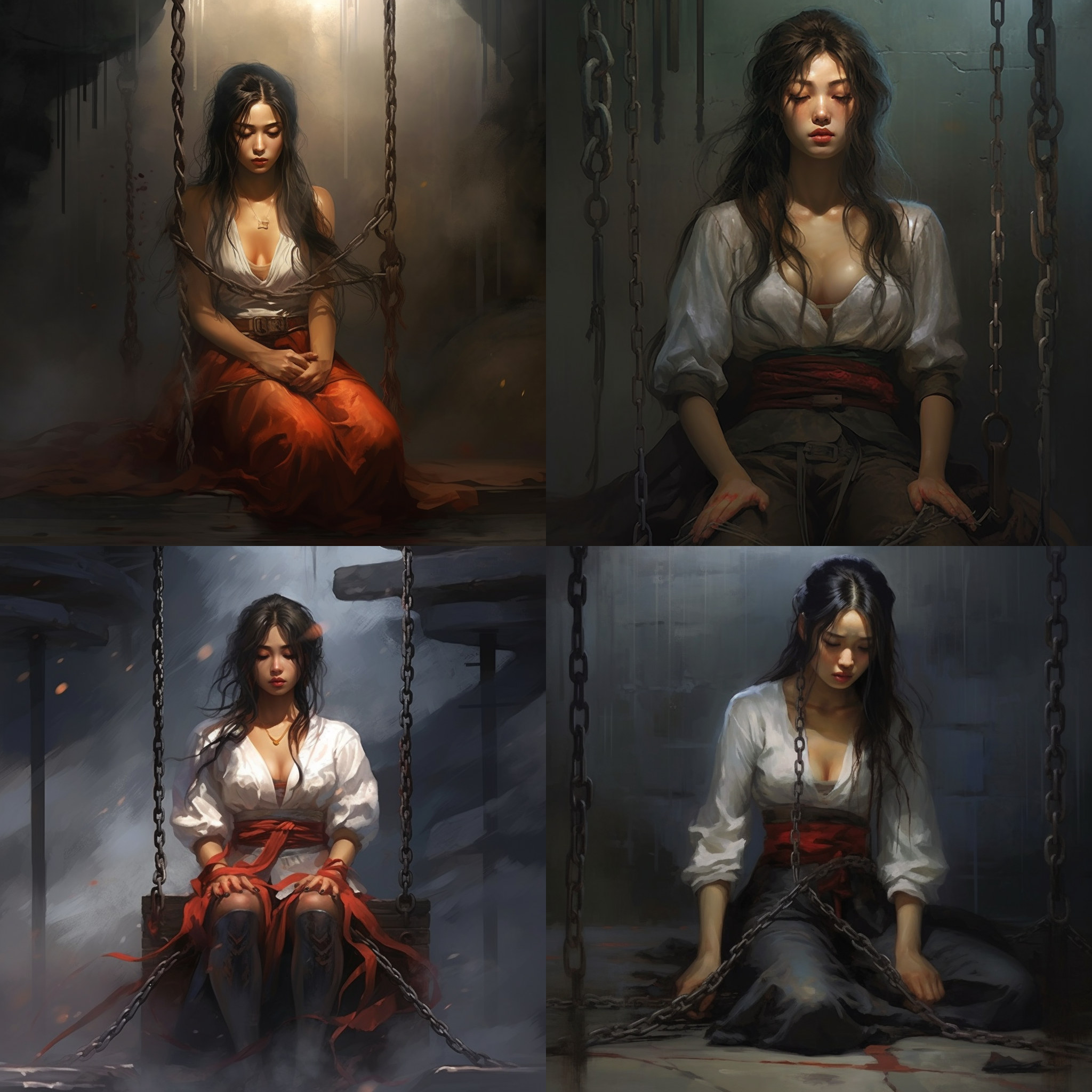 hyung tae kim，一位美丽的古代公主有凌乱的头发，被用铁链悬挂在半空中献祭，天气下起大雨，光着脚露出受伤的膝盖，衣服破旧破洞，阴暗的背景，悲伤的情绪，她正在恐惧流泪，宿命的悲伤，