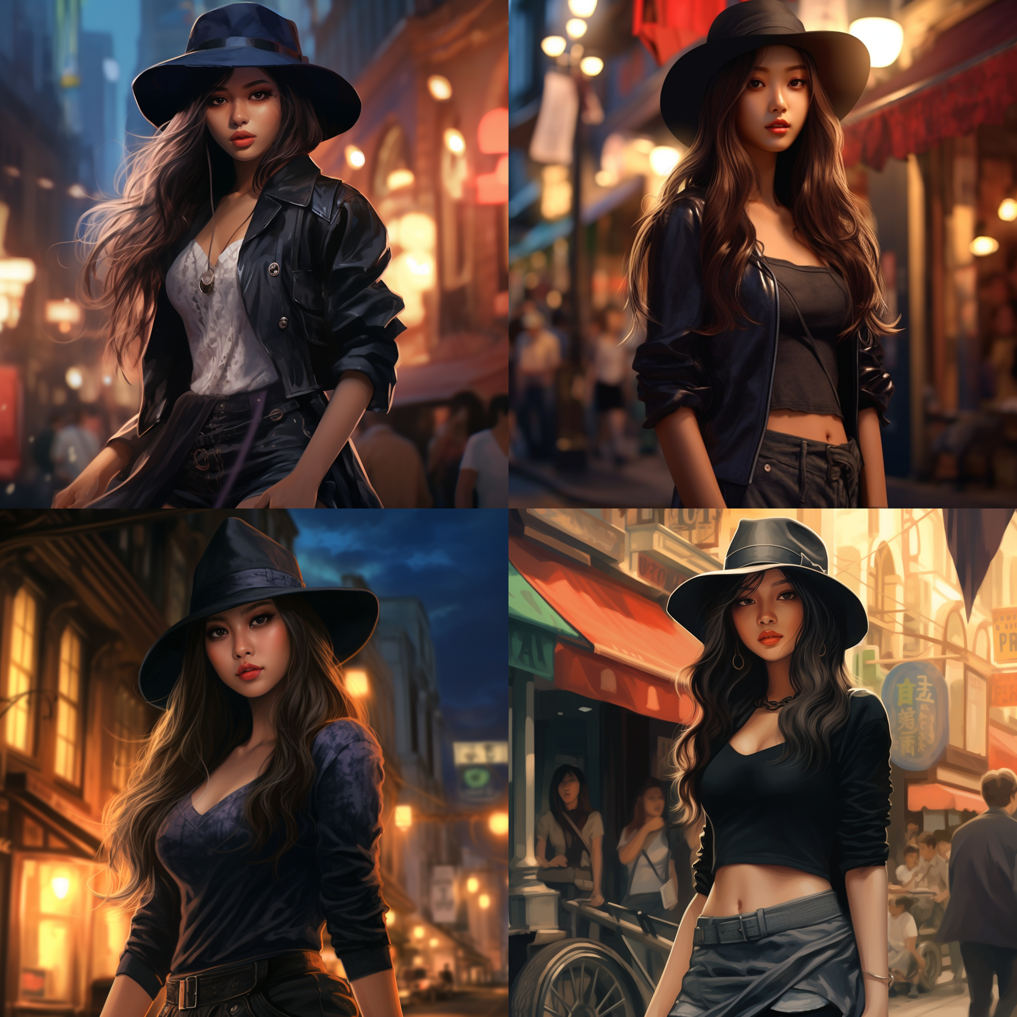 亚洲女孩站在城市街头，长发披肩，戴着一顶时尚帽子。她穿着深v短裙，近景。