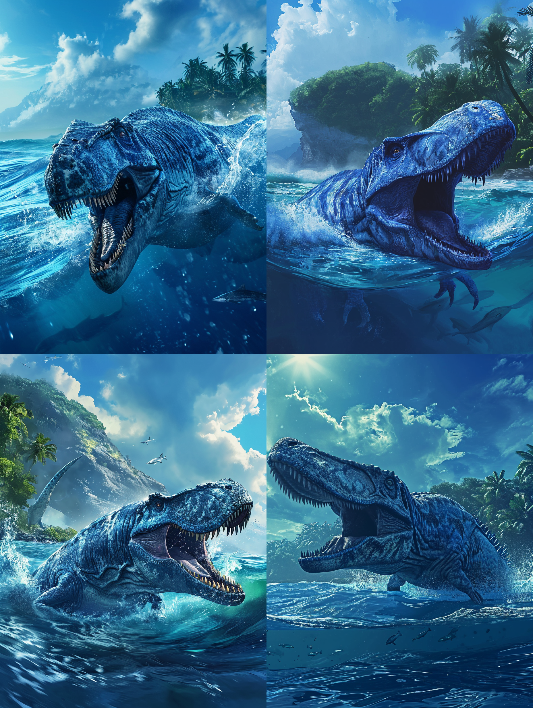 mosasaurus在侏罗纪场景中，游动在深蓝色的海洋中。远处是一座巨大的岛屿，上面覆盖着茂密的热带植被。mosasaurus的身体被阳光照亮，呈现出明亮的蓝色和白色斑驳的花纹。它张开巨大的嘴巴，露出锋利的牙齿，准备捕捉一只正在逃跑的鱼类。水中激起的浪花和mosasaurus的动作传达出力量和速度的感觉。mosasaurus的眼神充满了野性和决心。