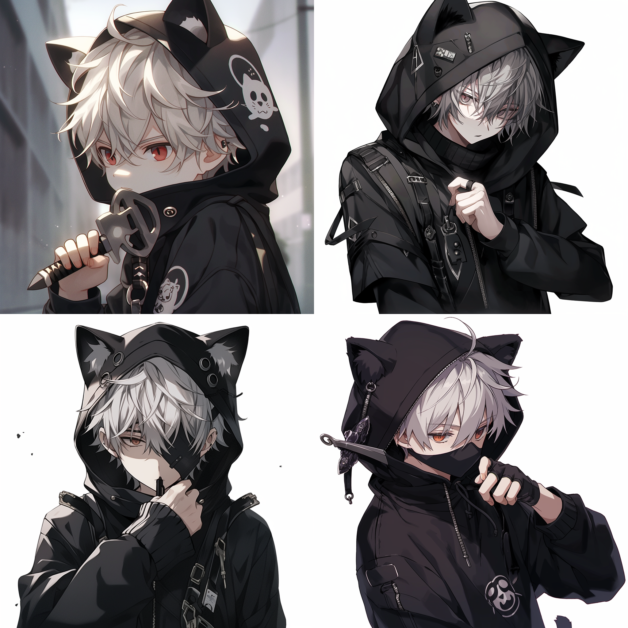 白发少年 有一对黑色猫耳 黑眼睛 头发上别着两枚别针 带着黑口罩 穿着深灰色卫衣 左袖子长 右袖子短 右手戴着黑色长手套 卫衣外面套着黑色背带 拿着一把枪 3d面孔 二维样式 极简主义 工笔画 流畅的线条 