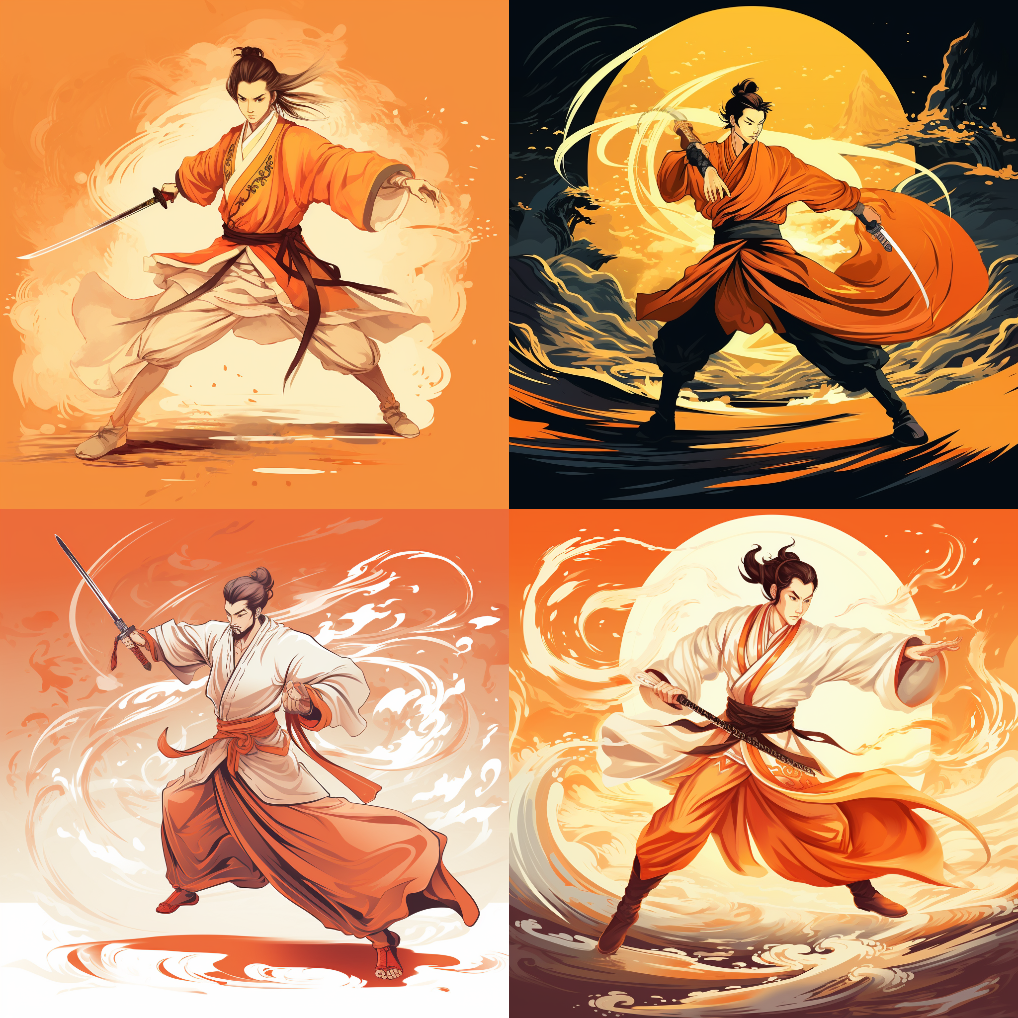 中国卡通风男子，手持剑，身穿传统服装。高锐化、润滑处理，神秘氛围。柔和明亮光线，突出修仙主题。暖色调，活泼氛围。流畅有力动作，自信决心。修仙，剑客，中国文化，传统服装，高锐化，润滑处理，柔和明亮光线，暖色调，活泼氛围，流畅有力动作。