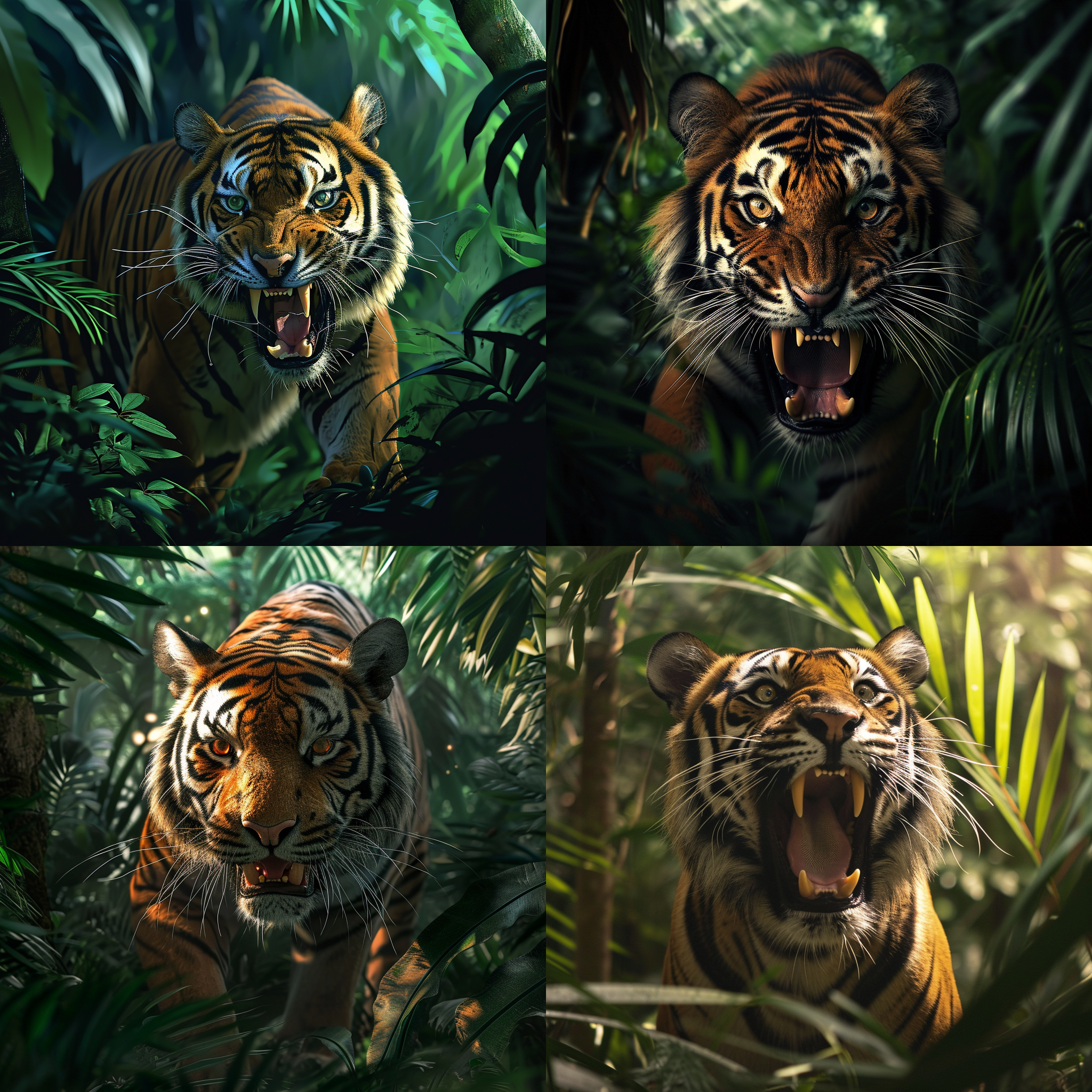 卡通老虎，站在茂密的热带雨林中，映衬着绿色植被。摄影采用广角镜头，突出老虎的威严和力量感。光线柔和，通过树叶的间隙投射在老虎身上，营造出神秘的氛围。老虎张开大口，展露锋利的牙齿，准备扑向猎物。照片呈现出紧张、震撼的场面，色调以暖色为主，增强了老虎的野性与原始感。