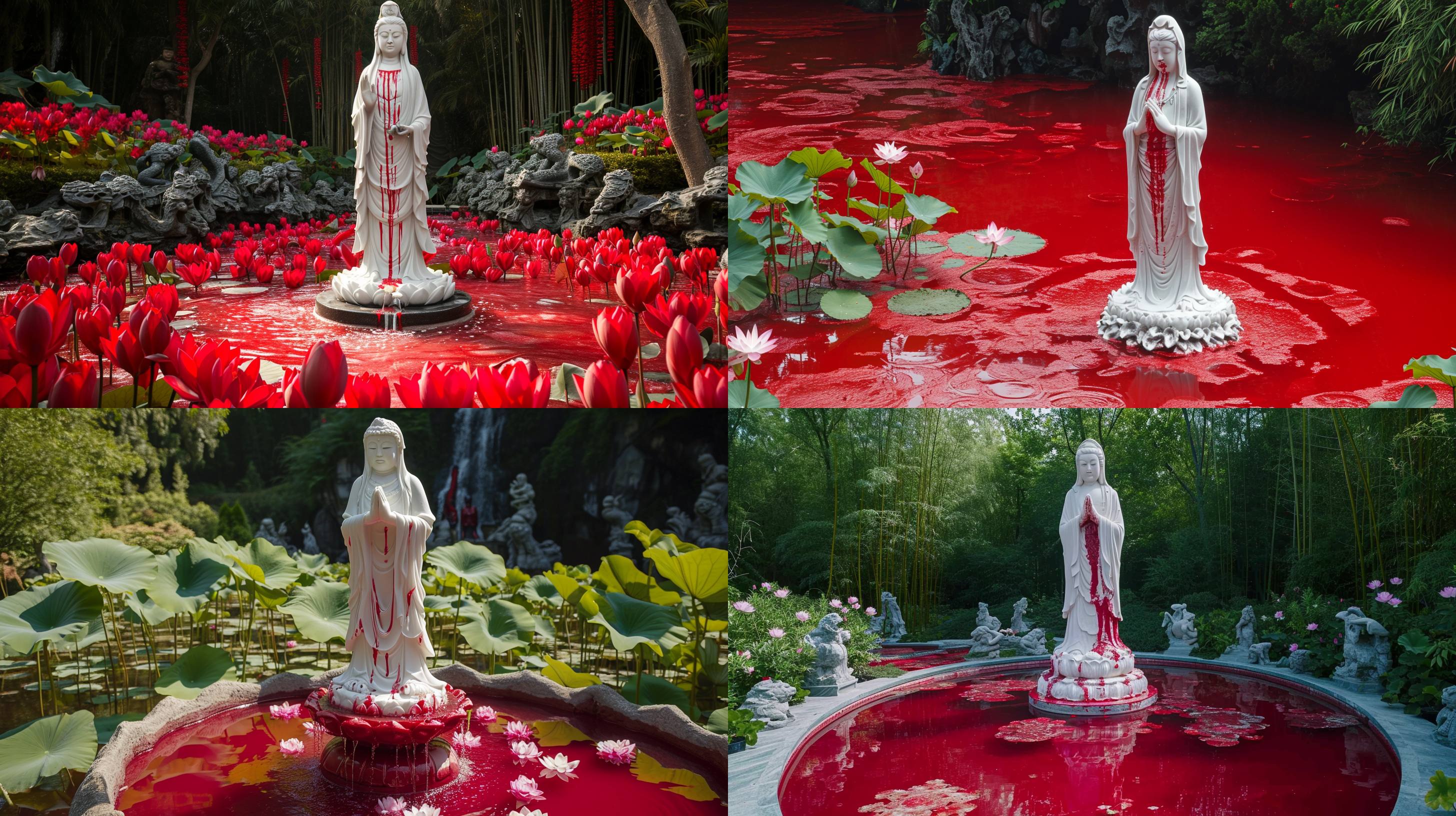 近处是一片红水池，红水池是视觉主体，一尊白玉观音菩萨像立在红水池的正中央，藤蔓缠在白玉观音身上，白玉观音脸上流出红色液体，白玉观音底座伸出无数只手伸向观音，周围长满了荷花，平视视角，明亮光线，静态场景，鲜艳色彩，悲伤情绪