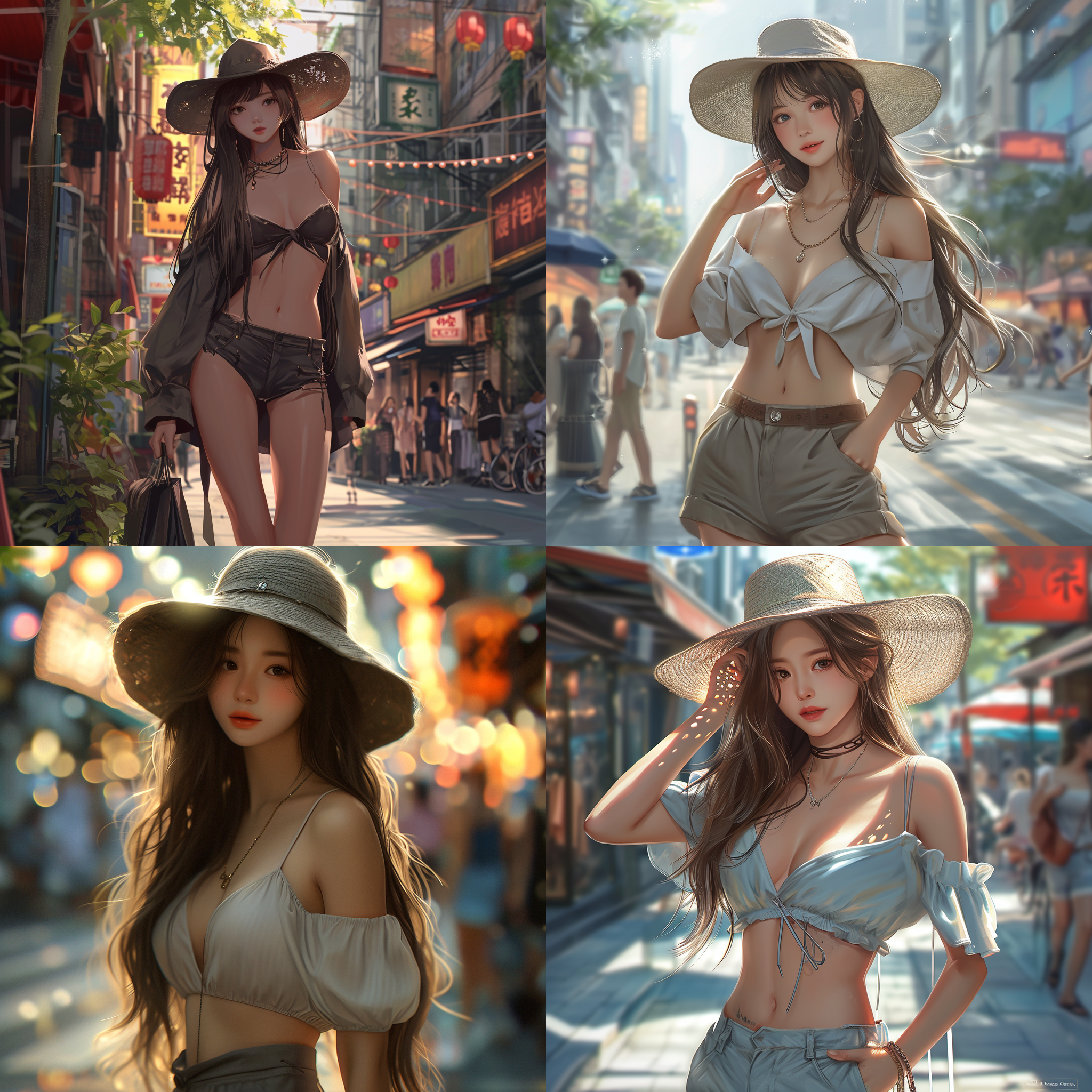 亚洲女孩站在城市街头，长发披肩，戴着一顶时尚帽子。她穿着深v短裙和高跟鞋，展现出她修长的双腿。照片采用超高分辨率，呈现出真实的写实风格。镜头捕捉到她优美的身姿，展示了她饱满高挑的身材。整体画面色彩鲜艳，给人一种活力四溢的感觉。