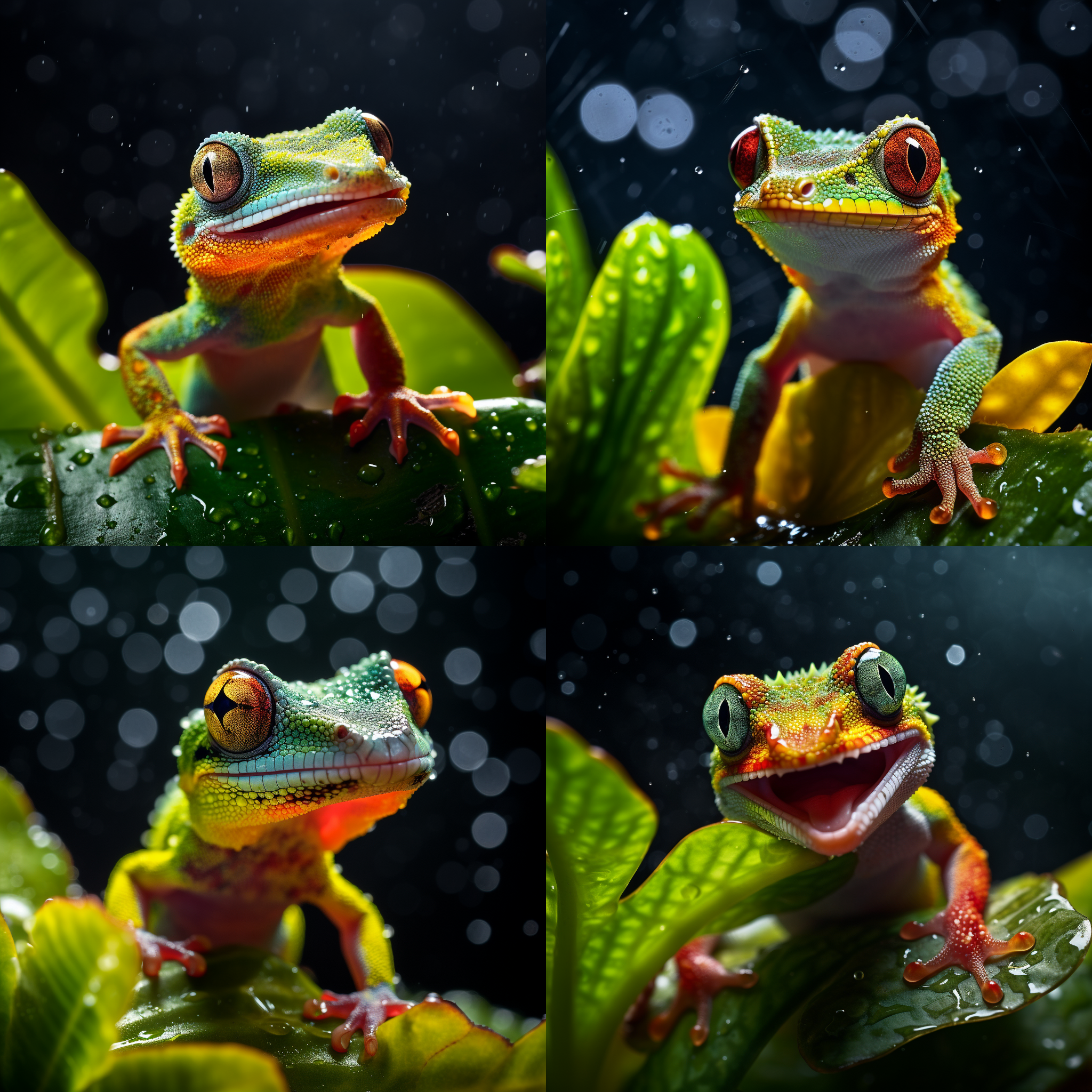 壁虎吃虫，吐舌头，舌头上有粘液，微距，在树叶上，水珠，逆光