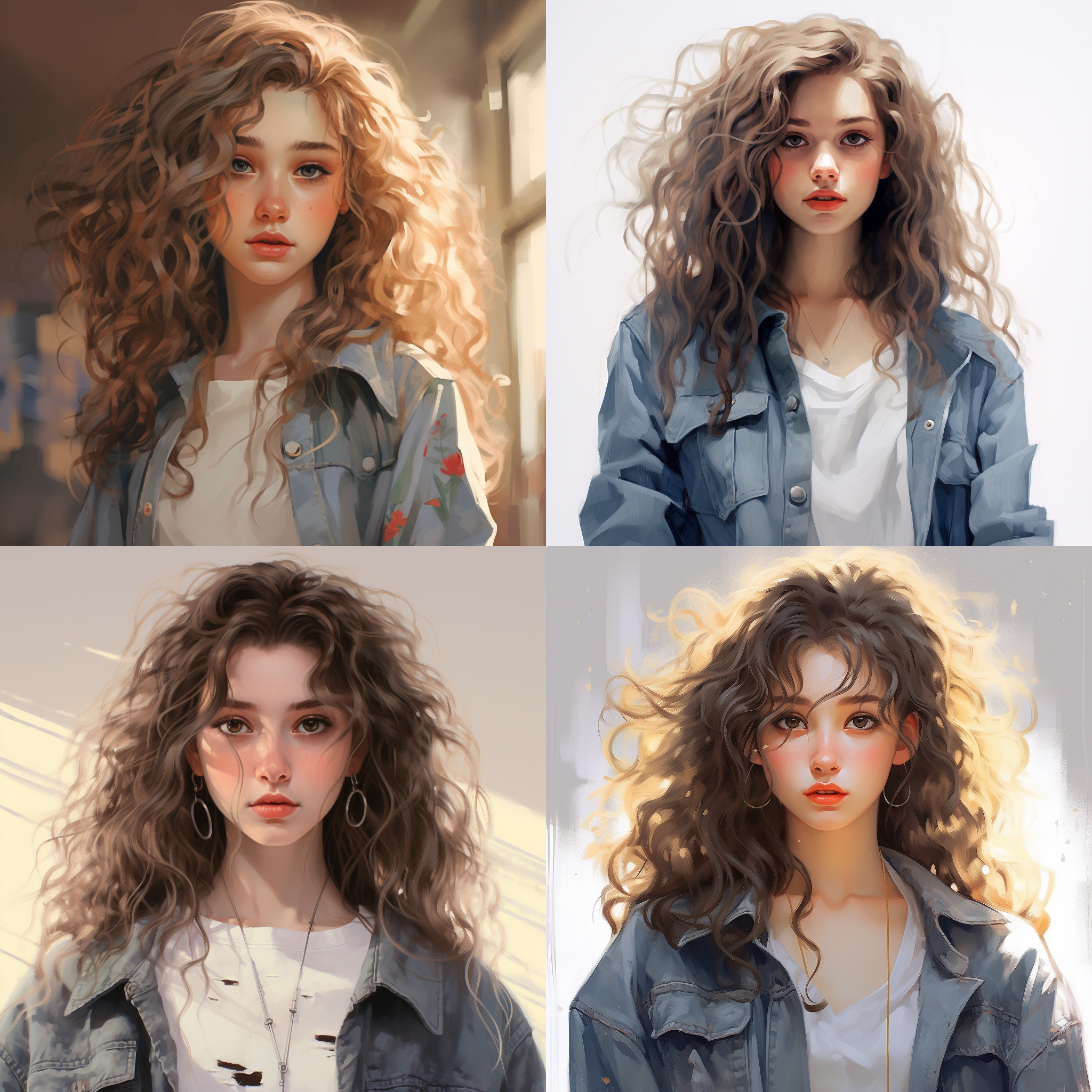 美丽，18岁，少女，可爱，清秀，瓜子脸，大眼睛，有泪痣，盘发(头发高高扎起)，白色t恤，牛仔外套(半身: 1.8) 1girl