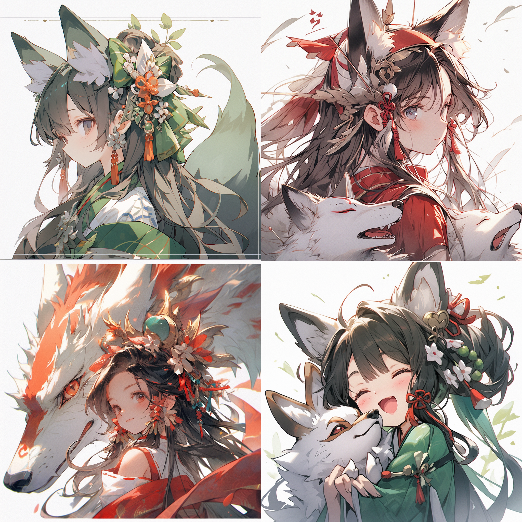 ten years old，fox demon girl character illustration, fox demon, bent over，cute girl, super invincible cute, exquisite earrings, exquisite headgear, wearing hanfu, green, meticulous painting, traditional chinese style, minimalism, classicism, smooth and smooth lines, simple white background, shiny, shiny, shiny and shiny, uhd, best image quality, best quality