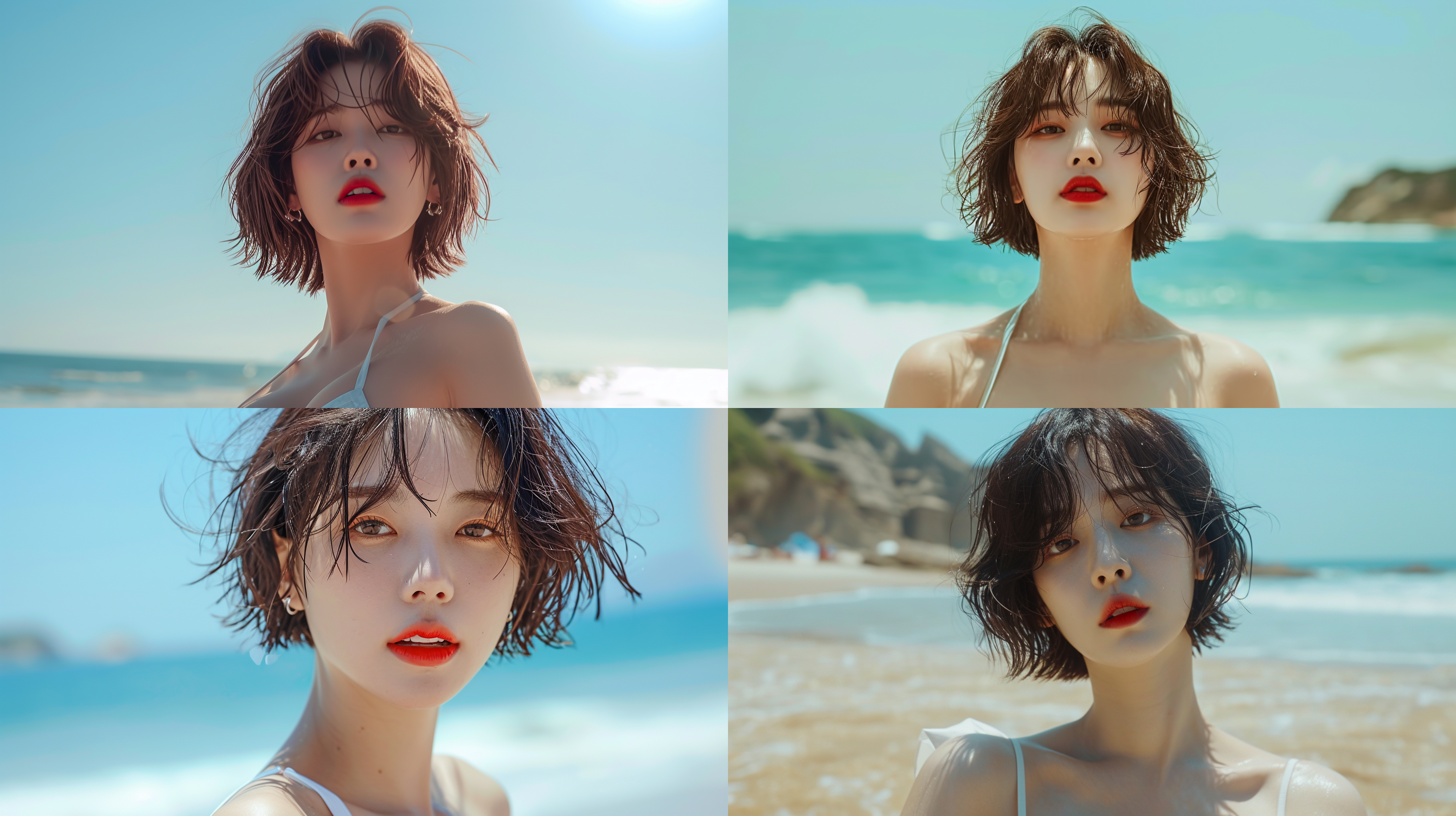 海边，真实场景，韩国美女，红唇，短发飘飘，妆容精致，白色比基尼，全身画面