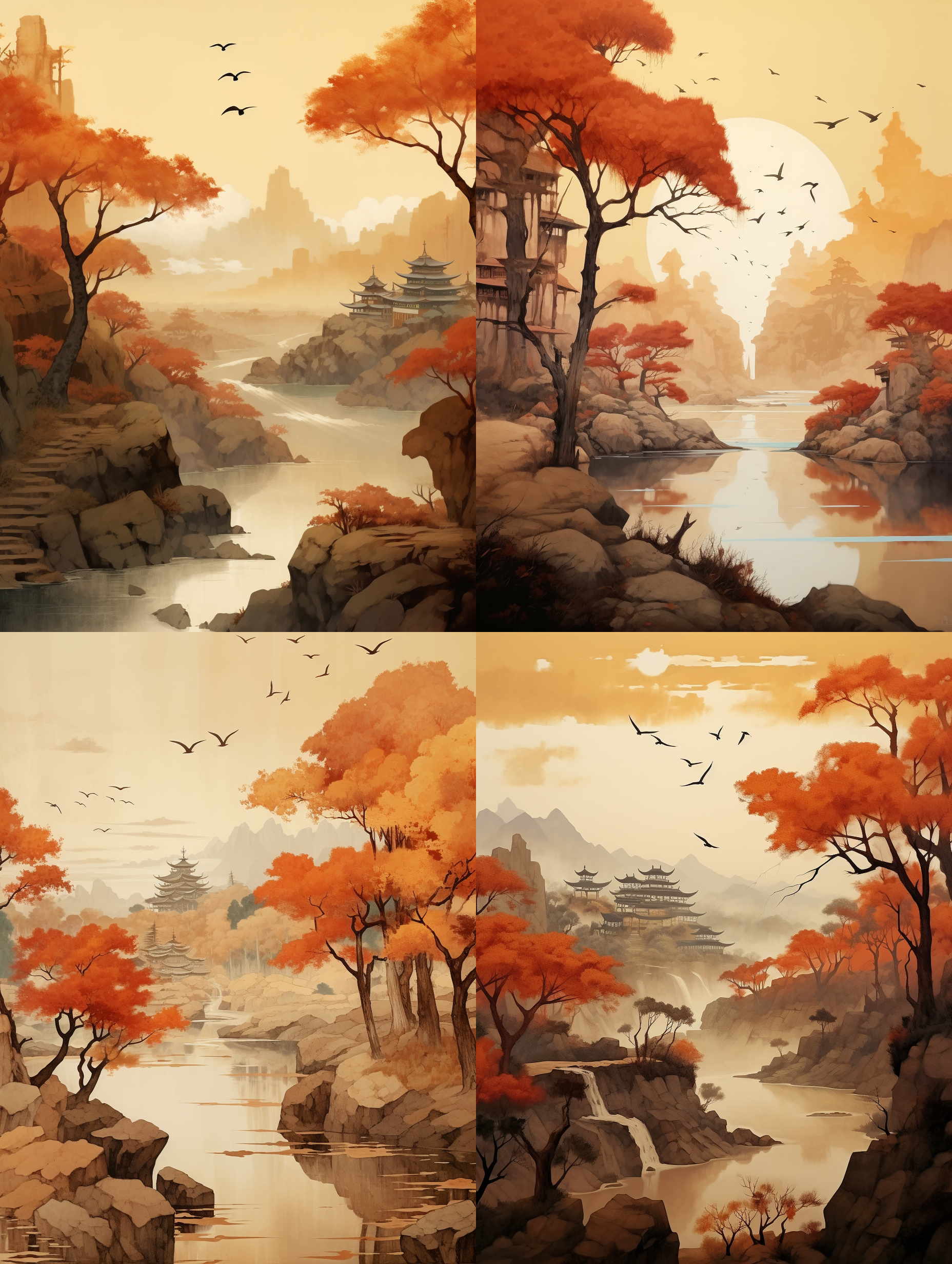 古代山水画，层次感突出，传统绘画风格，古树和亭台点缀其中，静谧的氛围中透露出浓郁的文化氛围。淡彩色背景渲染出秋天红色、橙色、金黄色、米色的色调，与深远远景相得益彰。