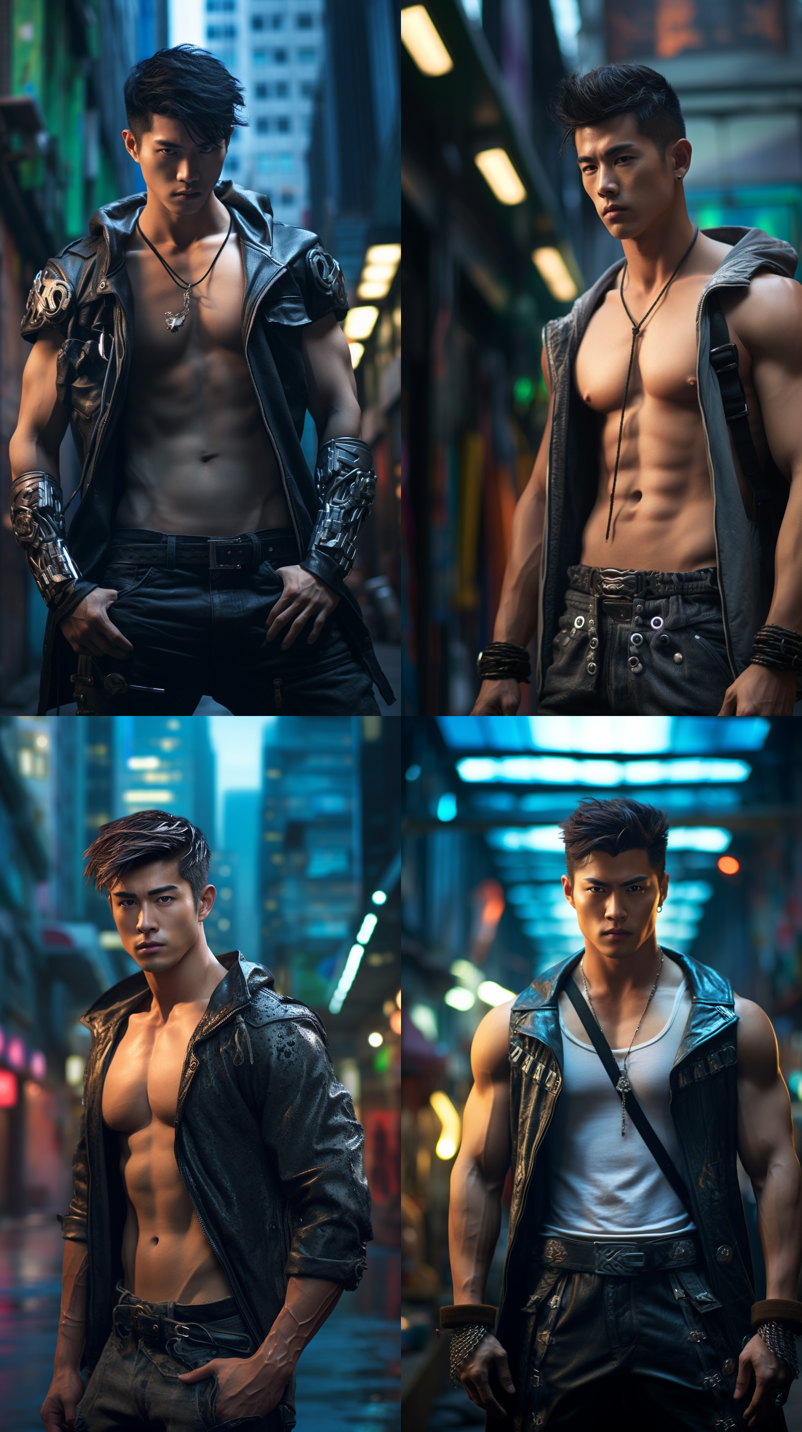中国帅哥，赛博朋克风格，露出腹肌，城市街道背景，高光明亮，广角镜头，动态构图，运动姿态，金属质感，强烈对比度，冷色调，自信。
