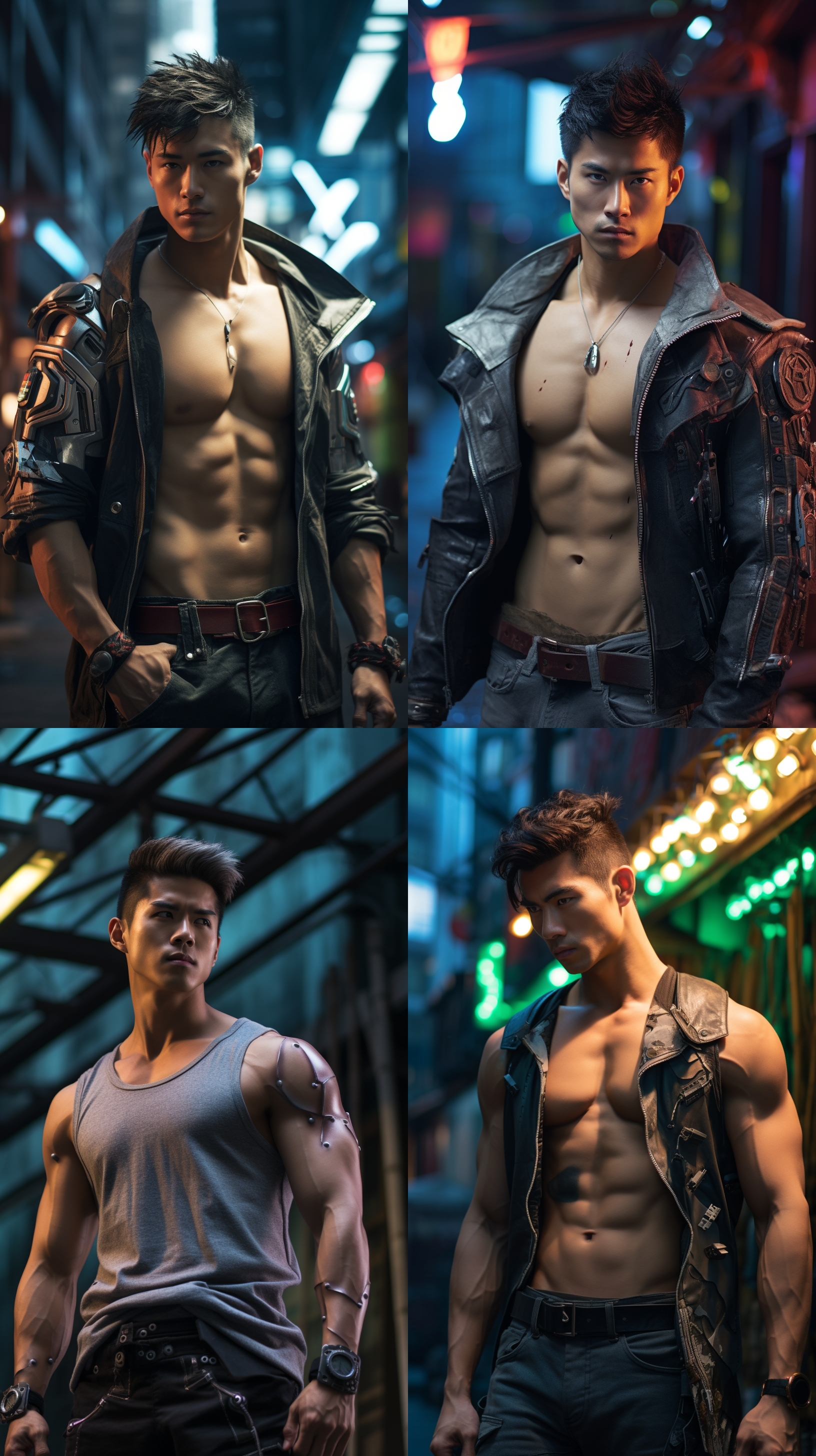 中国帅哥，赛博朋克风格，露出腹肌，城市街道背景，高光明亮，广角镜头，动态构图，运动姿态，金属质感，强烈对比度，冷色调，自信。