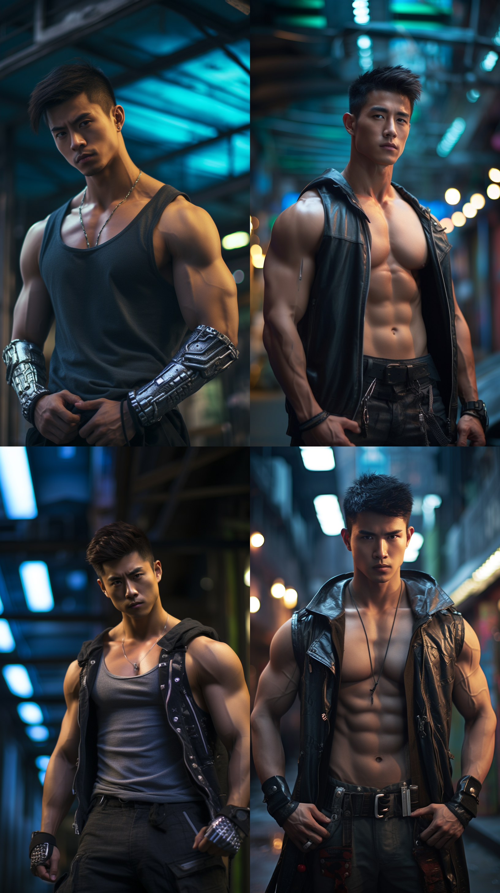 中国帅哥，赛博朋克风格，露出腹肌，城市街道背景，高光明亮，广角镜头，动态构图，运动姿态，金属质感，强烈对比度，冷色调，自信。