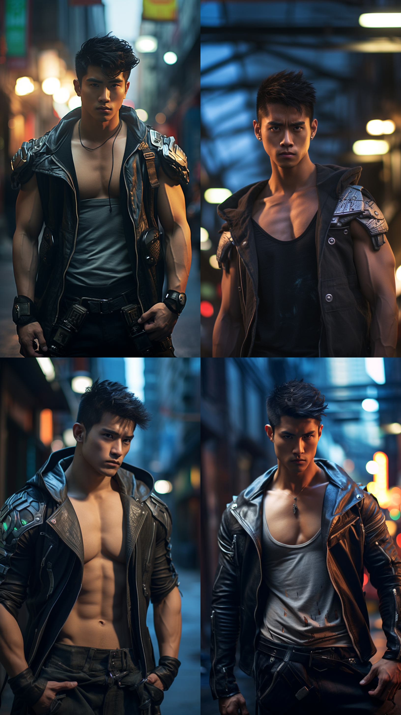 中国帅哥，赛博朋克风格，露出腹肌，城市街道背景，高光明亮，广角镜头，动态构图，运动姿态，金属质感，强烈对比度，冷色调，自信。