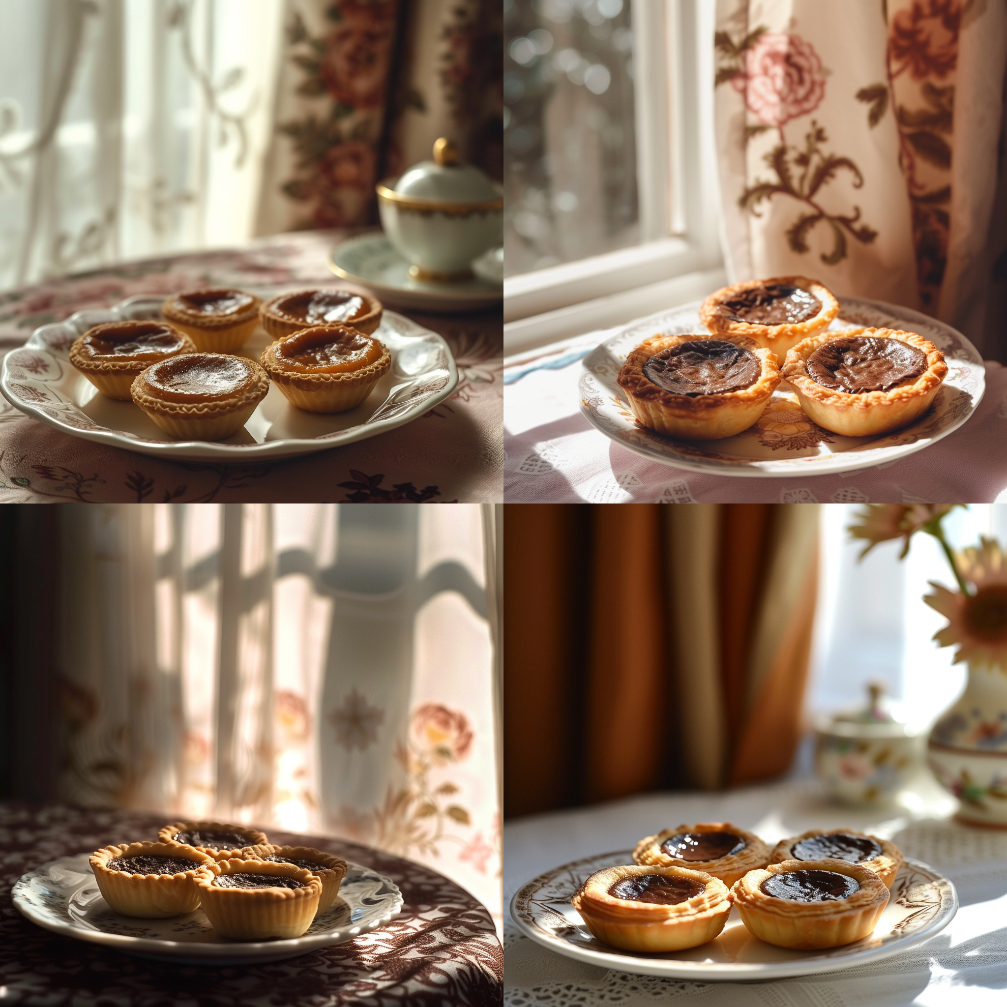巧克力蛋挞，摆放在一精致的瓷盘上，背景是一张精美的花纹桌布。透过柔和的窗帘，阳光洒在蛋挞上，形成柔和的光影。巧克力蛋挞外表金黄酥脆，内馅细腻丰满，散发着浓郁的巧克力香气。构图对称，色调温暖，焦距适中，细节清晰，诱人的颜色和质感唤起了食欲和幸福感。