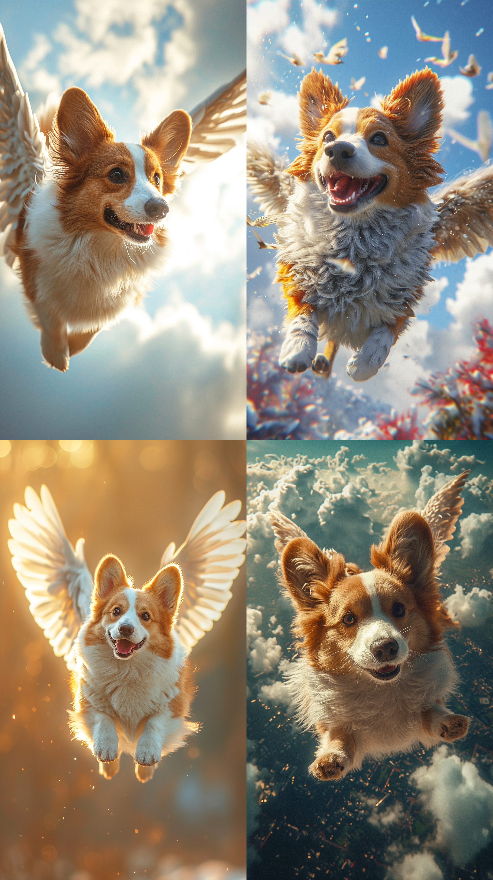 长着翅膀的柯基狗在天空中飞翔，广角镜头，明亮色调，活泼动作，快门速度快，瞬间冻结，兴奋，愉悦，超高清，c4d渲染技术。 