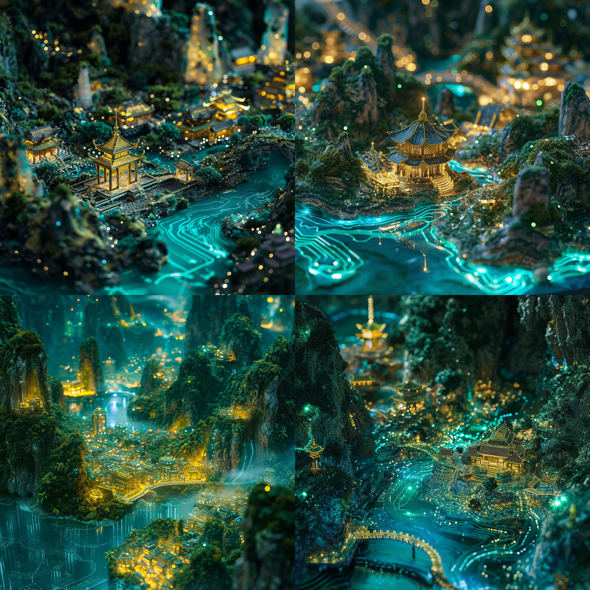 古风山水，全景摄影，微缩镜头，高角度拍摄，王希孟，宋徽宗，炫彩光影，生物发光，电路板，蓝绿金配色。