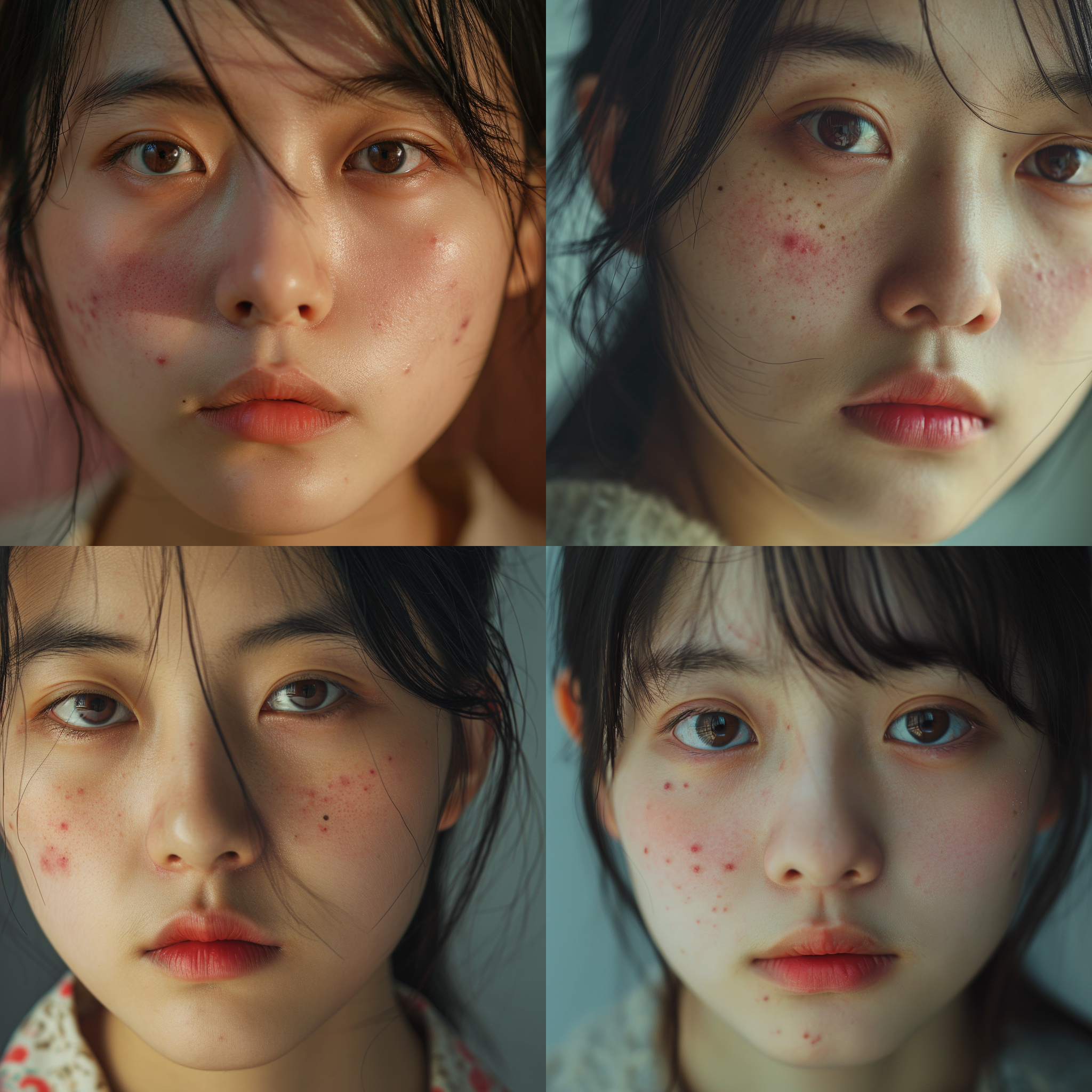 中国女孩，少量青春痘，全脸高清特写，焦距远，浅景深，柔光，粉红色调，肤色不均匀，细节丰富，过敏泛红，3:4的比例。