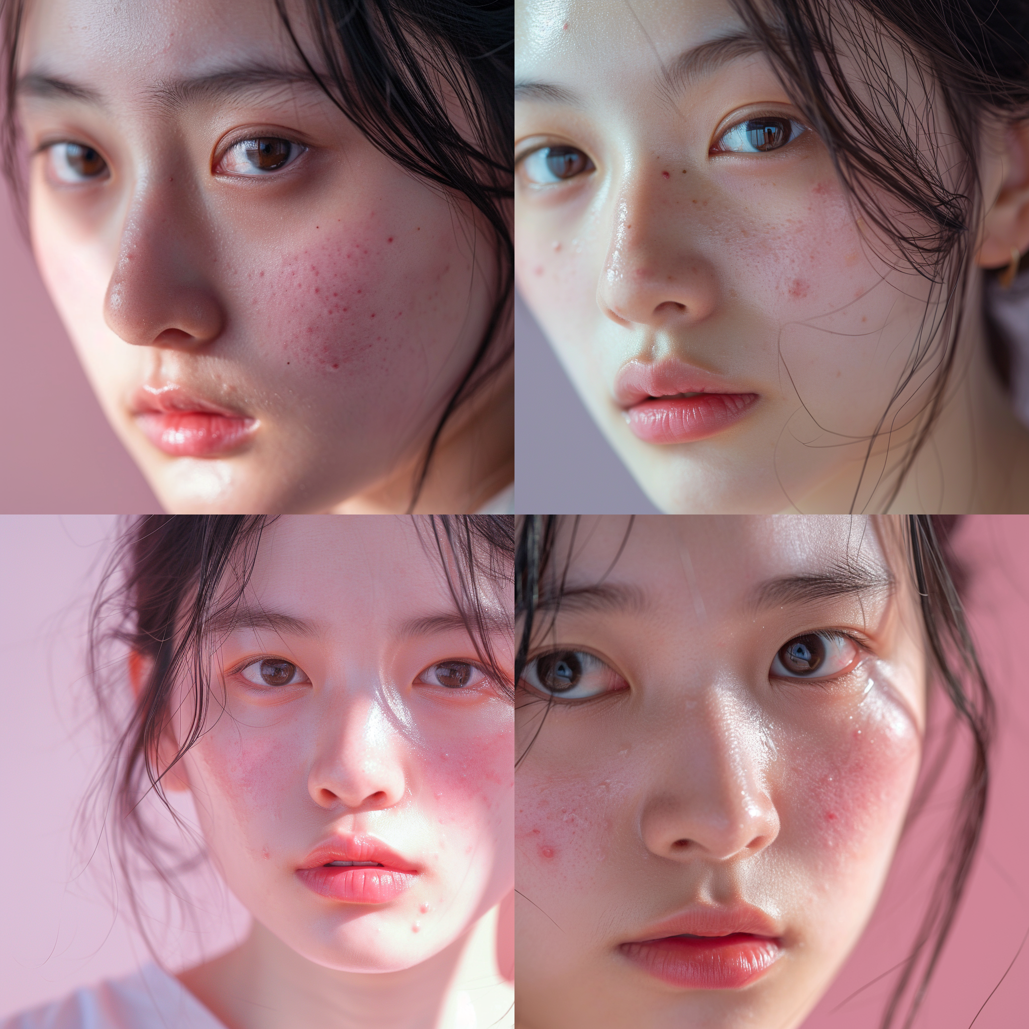 中国女孩，少量青春痘，全脸高清特写，焦距远，浅景深，柔光，粉红色调，肤色不均匀，细节丰富，过敏泛红，3:4的比例。