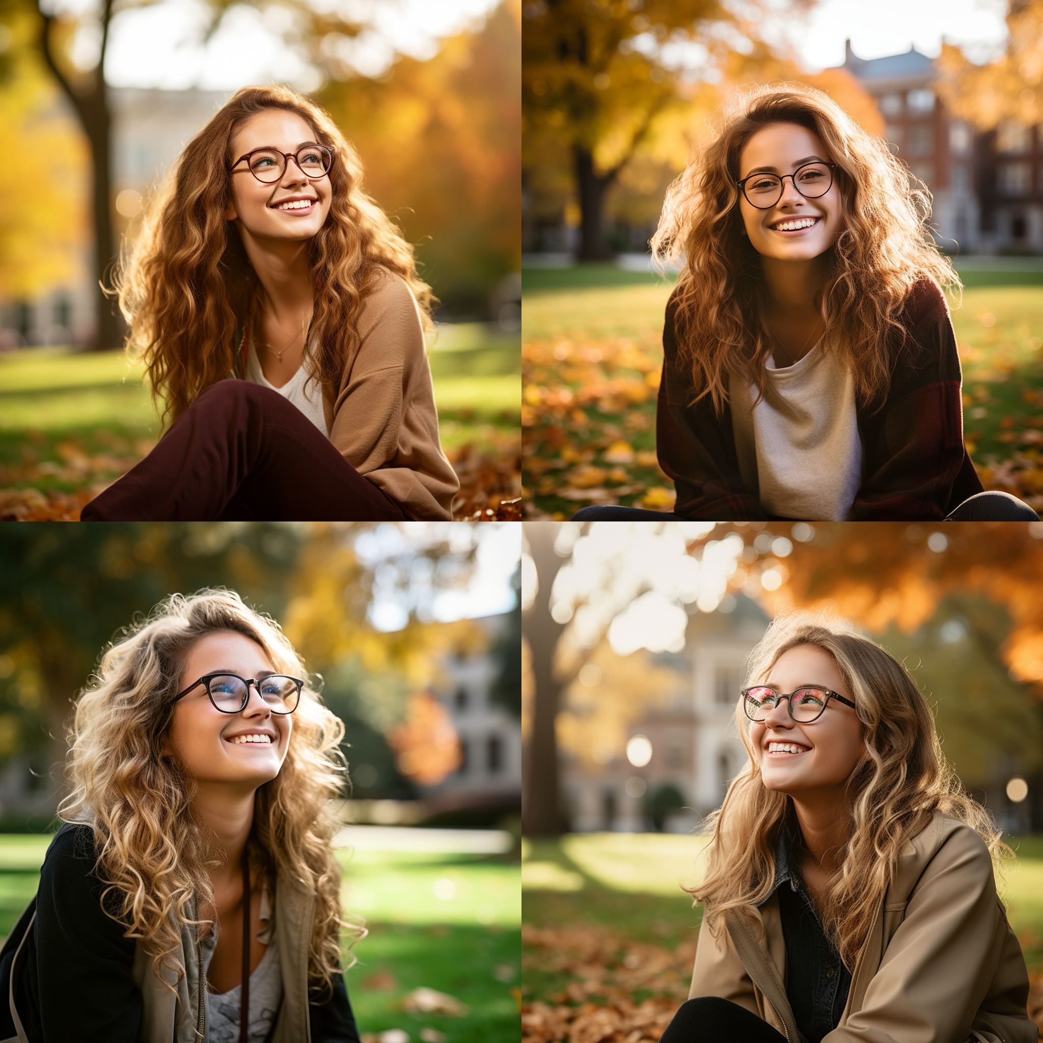 大学生女孩，坐在校园的草地上，微笑着看着远方。她戴着眼镜，长发披肩，穿着休闲服装。背景是绚丽的秋叶和校园建筑。光线柔和，给人宁静和温暖的感觉。大学生女孩的表情充满自信和希望，透露出她对未来的期待。