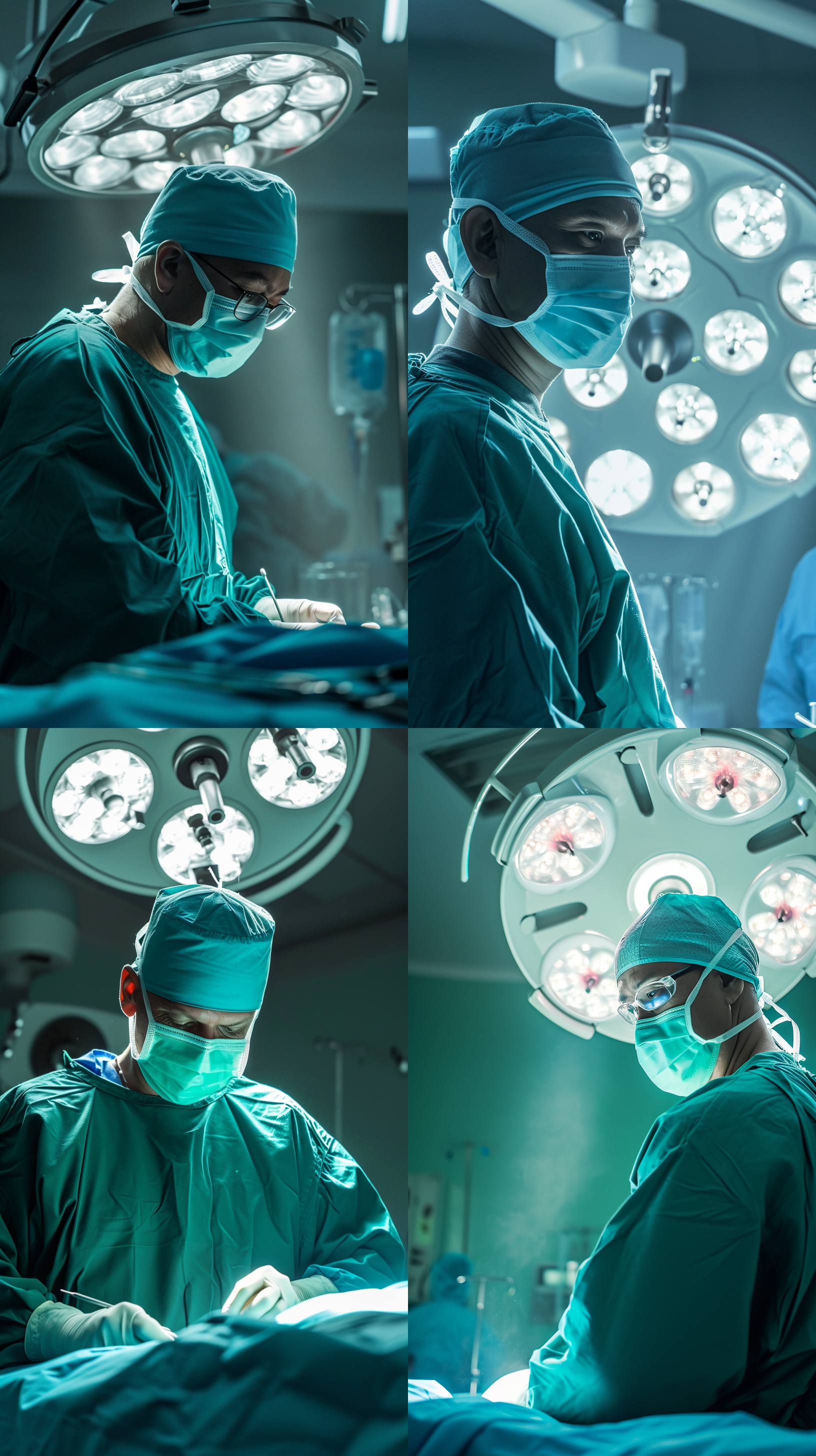 在一个现代化的手术室里，一位专业医生正准备进行一场重要的手术。他身穿一套绿色的手术服，戴着蓝色口罩，展现出专业和冷静的氛围。手术室内灯光昏暗，唯有一盏高科技的无影灯投射出明亮而均匀的光芒，聚焦在手术区域上。这盏无影灯如同一颗照亮未知世界的星星，让整个场景更加神秘而专注。医生的手稳定地拿着手术器械，他的眼神充满自信和责任感。手术室内弥漫着清新的消毒味道，营造出一种肃穆而庄重的气氛，同时也彰显了医疗科技的进步和医生的专业素养。