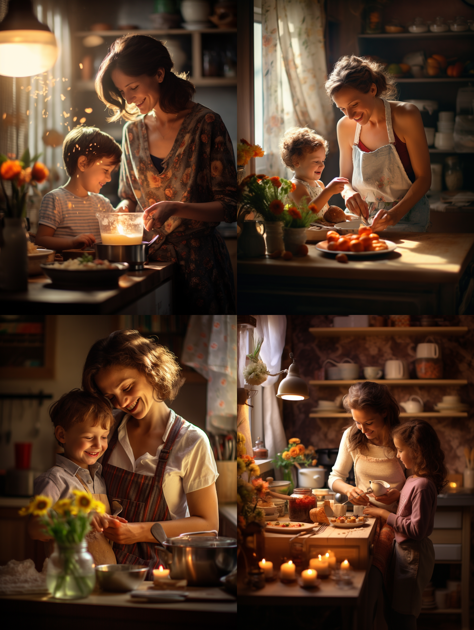 妈妈给孩子做饭，厨房内景，柔和光线，温馨氛围，食材摆放整齐，母爱呈现，细节清晰，中焦镜头，亲密互动，明亮色调，幸福喜悦。